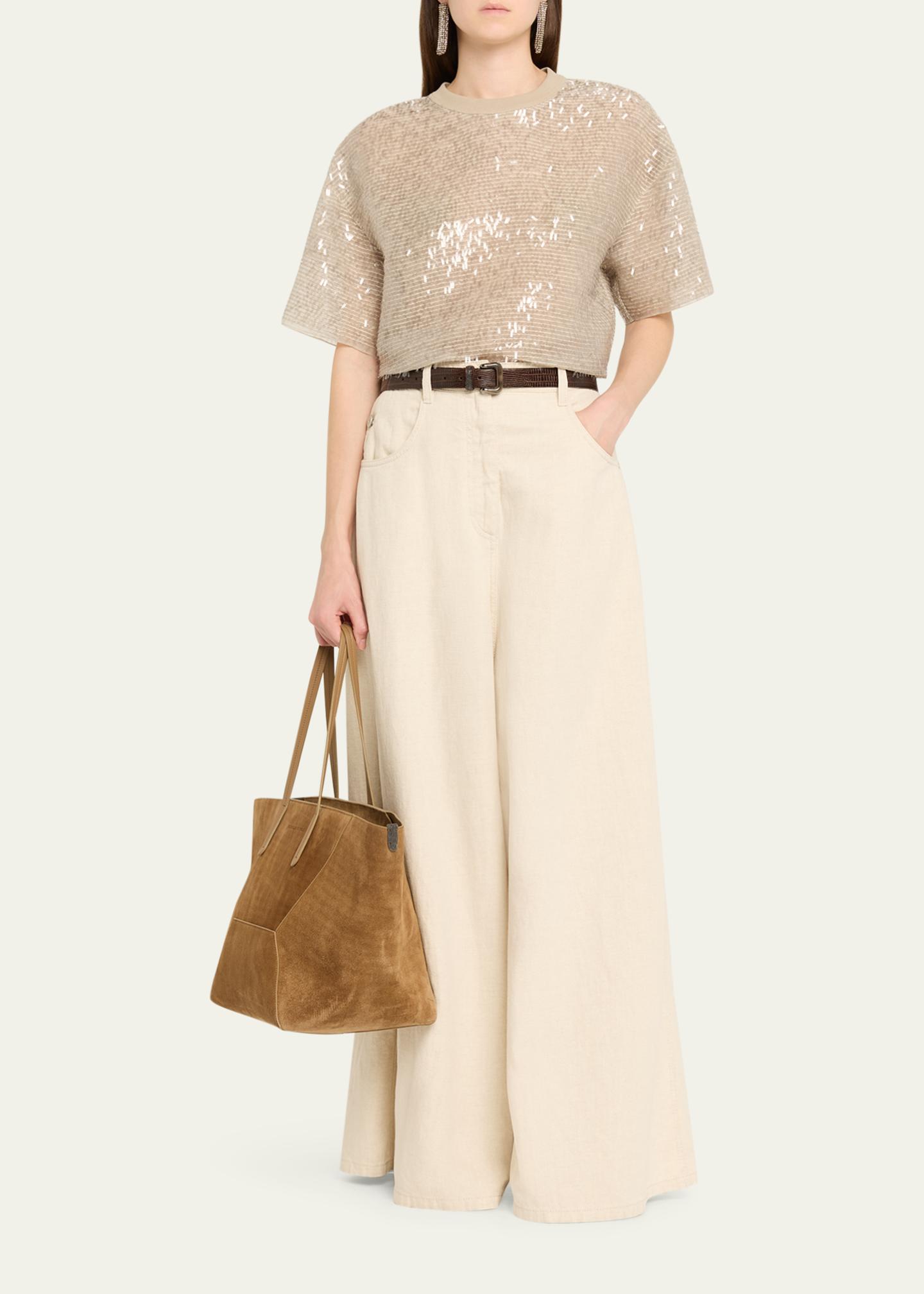 Brunello Cucinelli Paillette Fringe Crispy Silk Chiffon T-Shirt 