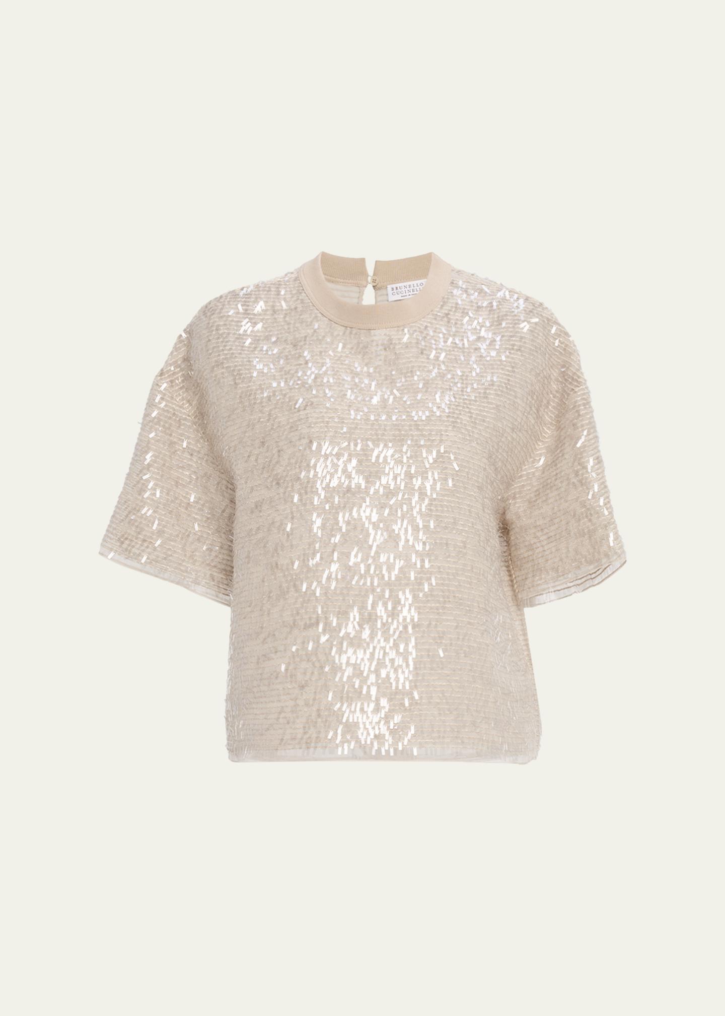 Brunello Cucinelli Paillette Fringe Crispy Silk Chiffon T-Shirt 