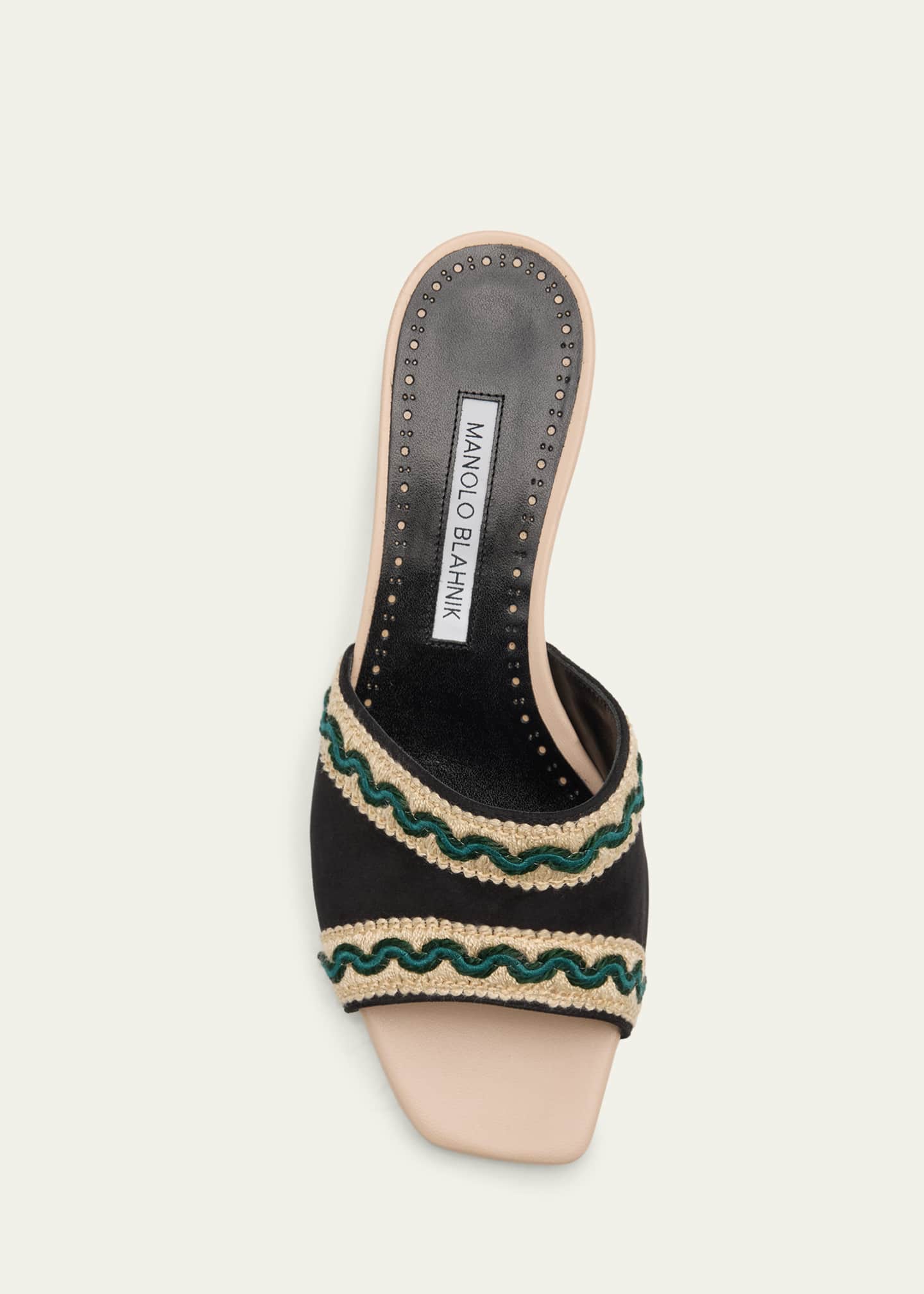 Manolo Blahnik 50mm Marebis Embroidered Crochet-Trim Suede Mules