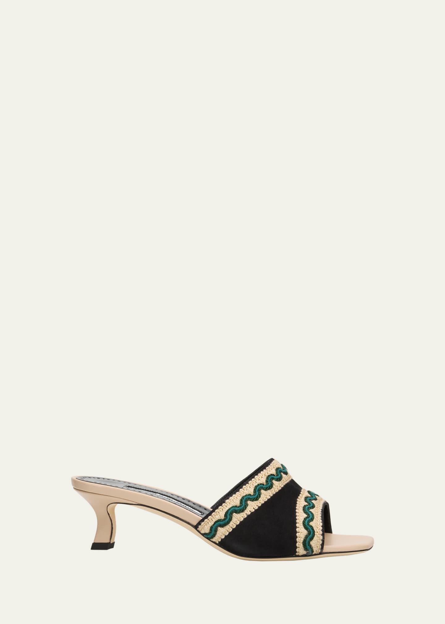 Manolo Blahnik 50mm Marebis Embroidered Crochet-Trim Suede Mules