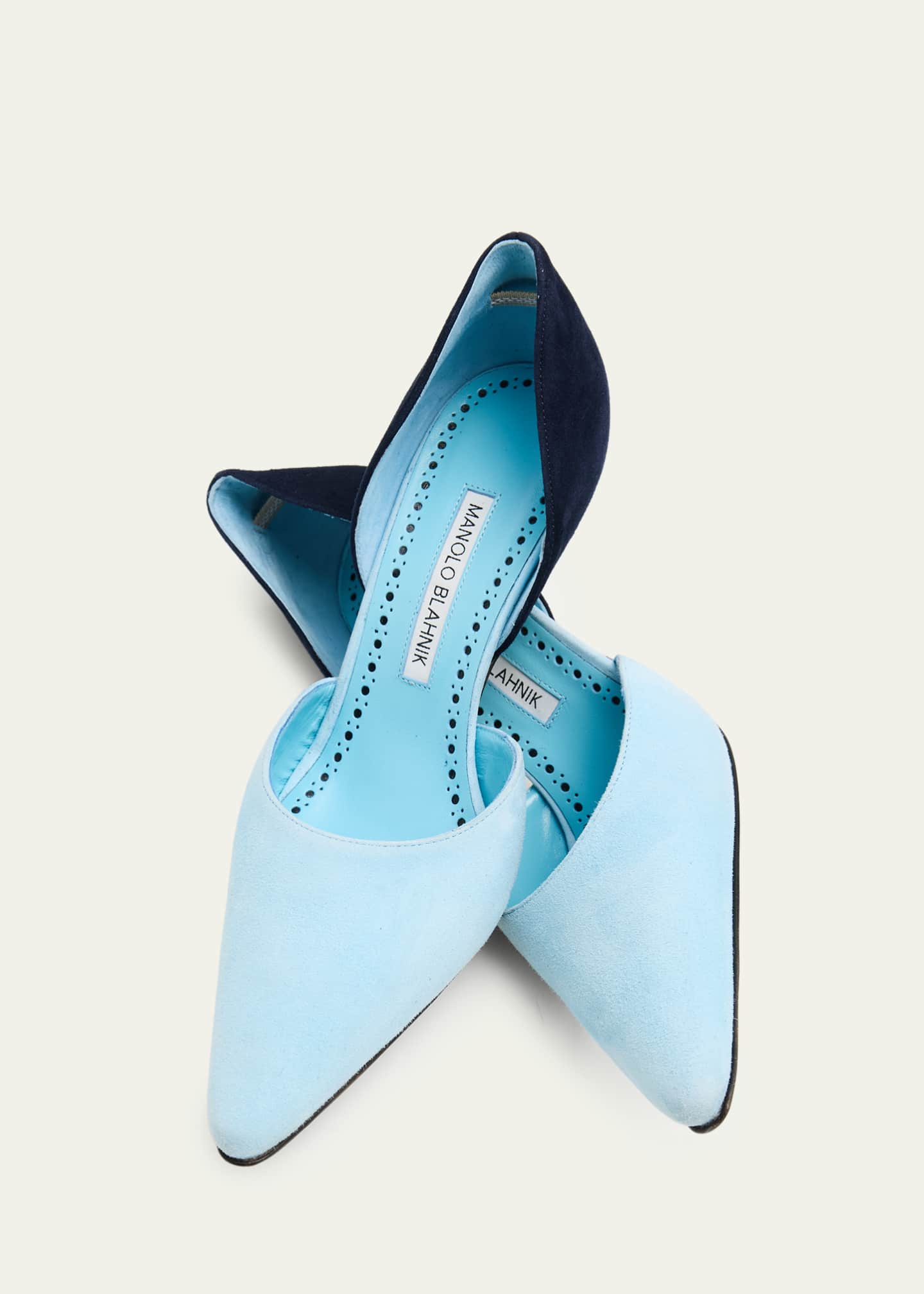 Manolo Blahnik 90mm Taylerbinu Bicolor Suede Pointed-Toe Pumps
