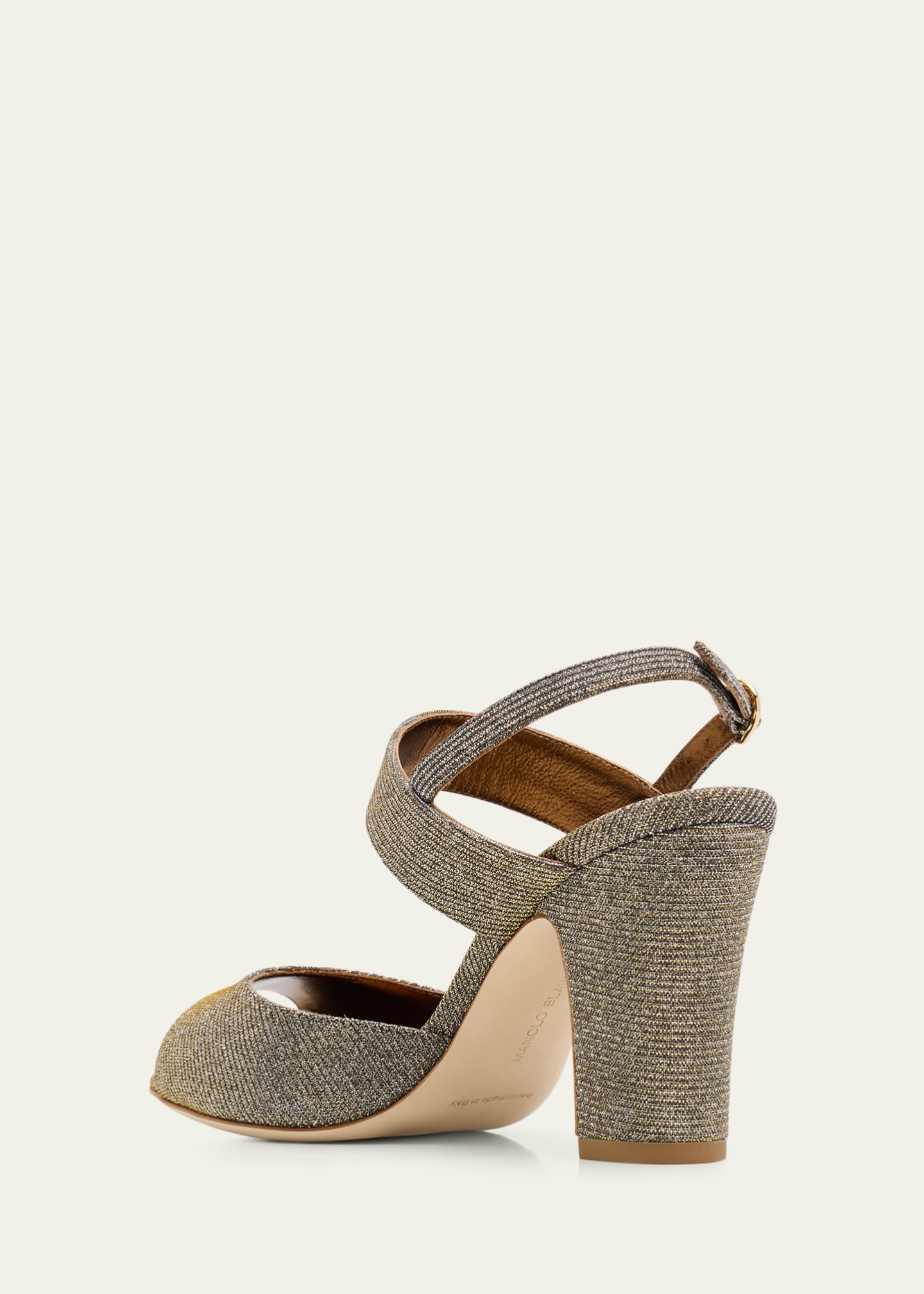 Manolo Blahnik 90mm Khiko Metallic Peep-Toe Slingback Sandals