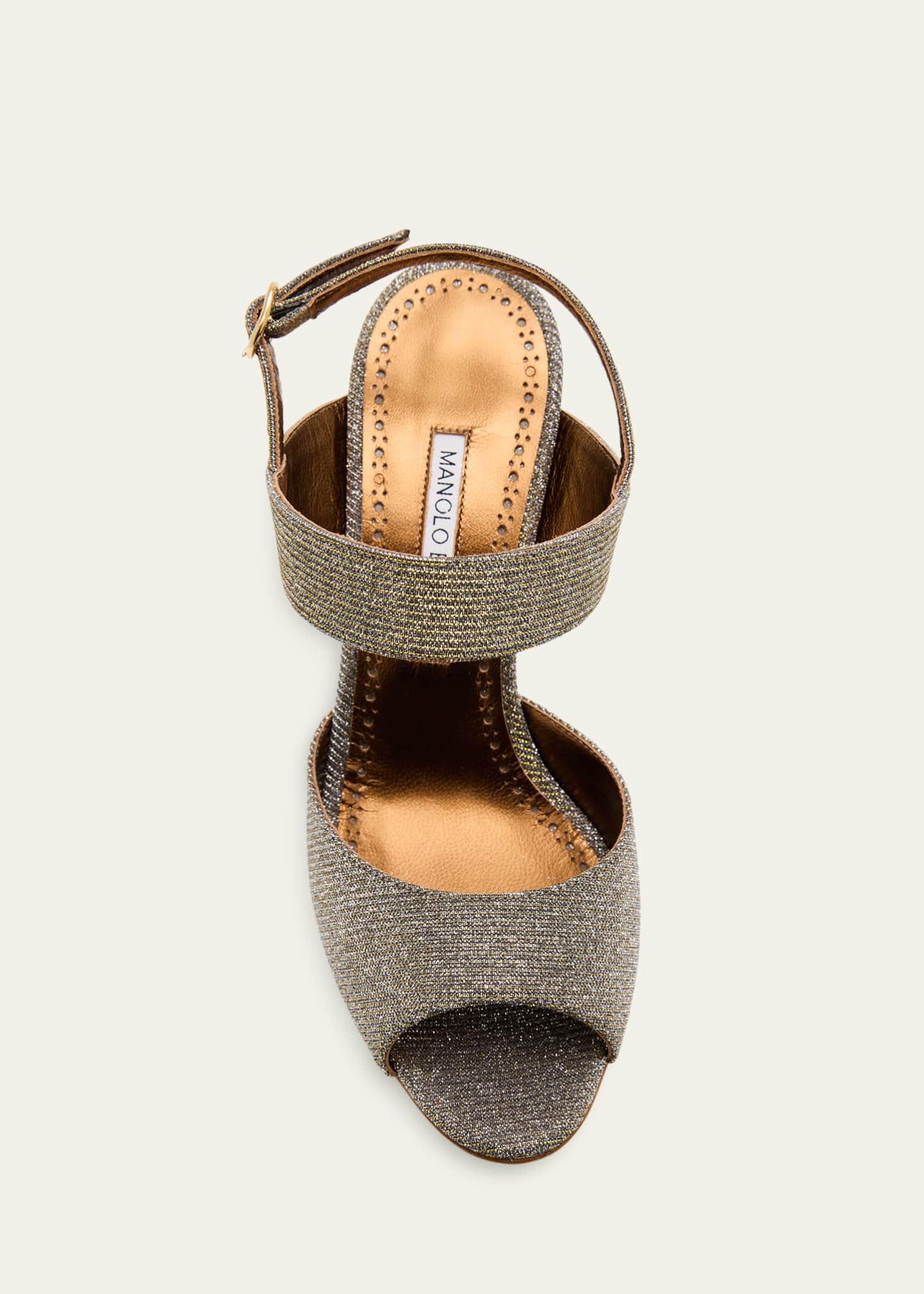 Manolo Blahnik 90mm Khiko Metallic Peep-Toe Slingback Sandals