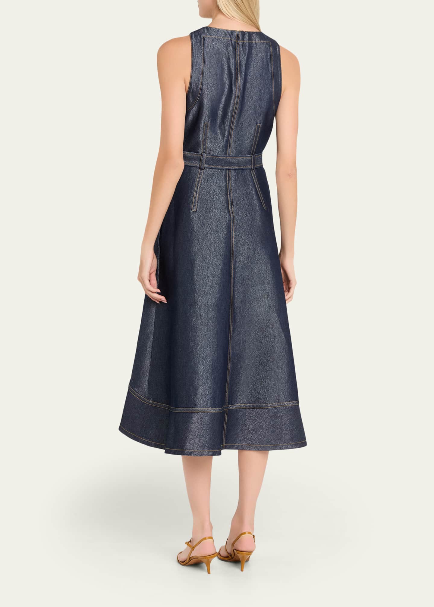 glitter denim dress Denim High Neck Mini Dress with Bronze Detailing