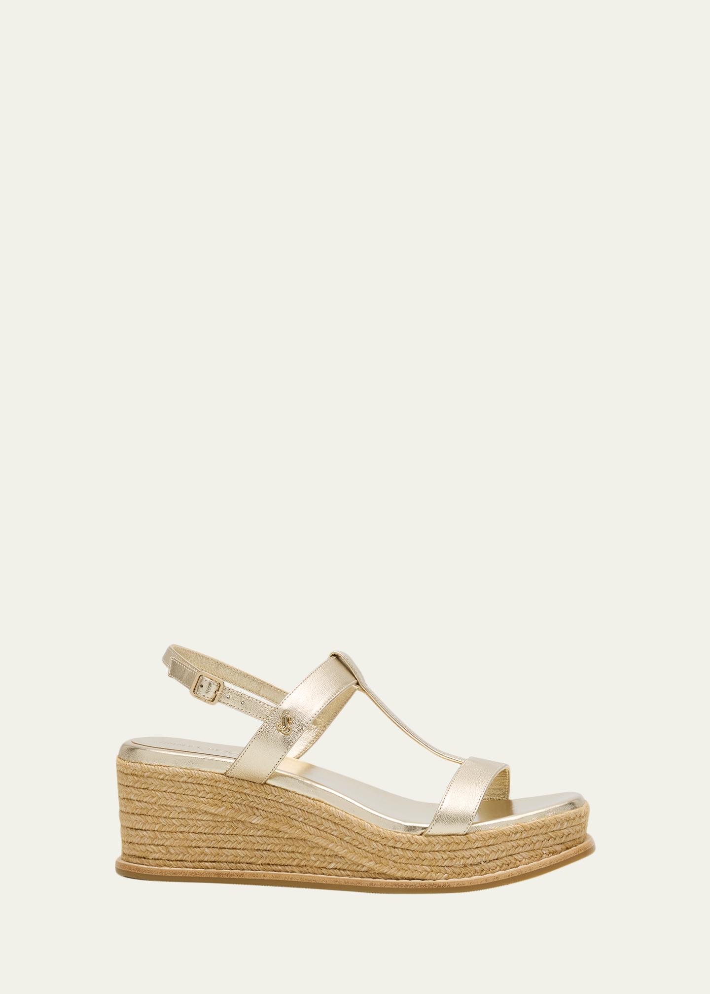 Jimmy Choo 60mm Thea Metallic Leather Wedge Sandals - Bergdorf Goodman
