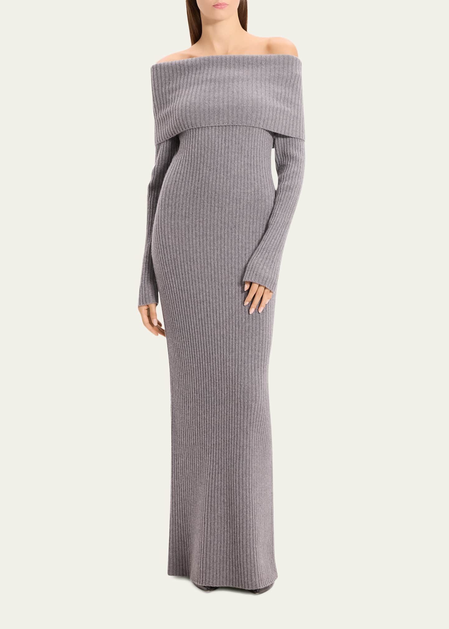 Theory Women's Off-The-Shoulder Ribbed Wool-Cashmere Maxi Dress - Grey Heather - Size Large
