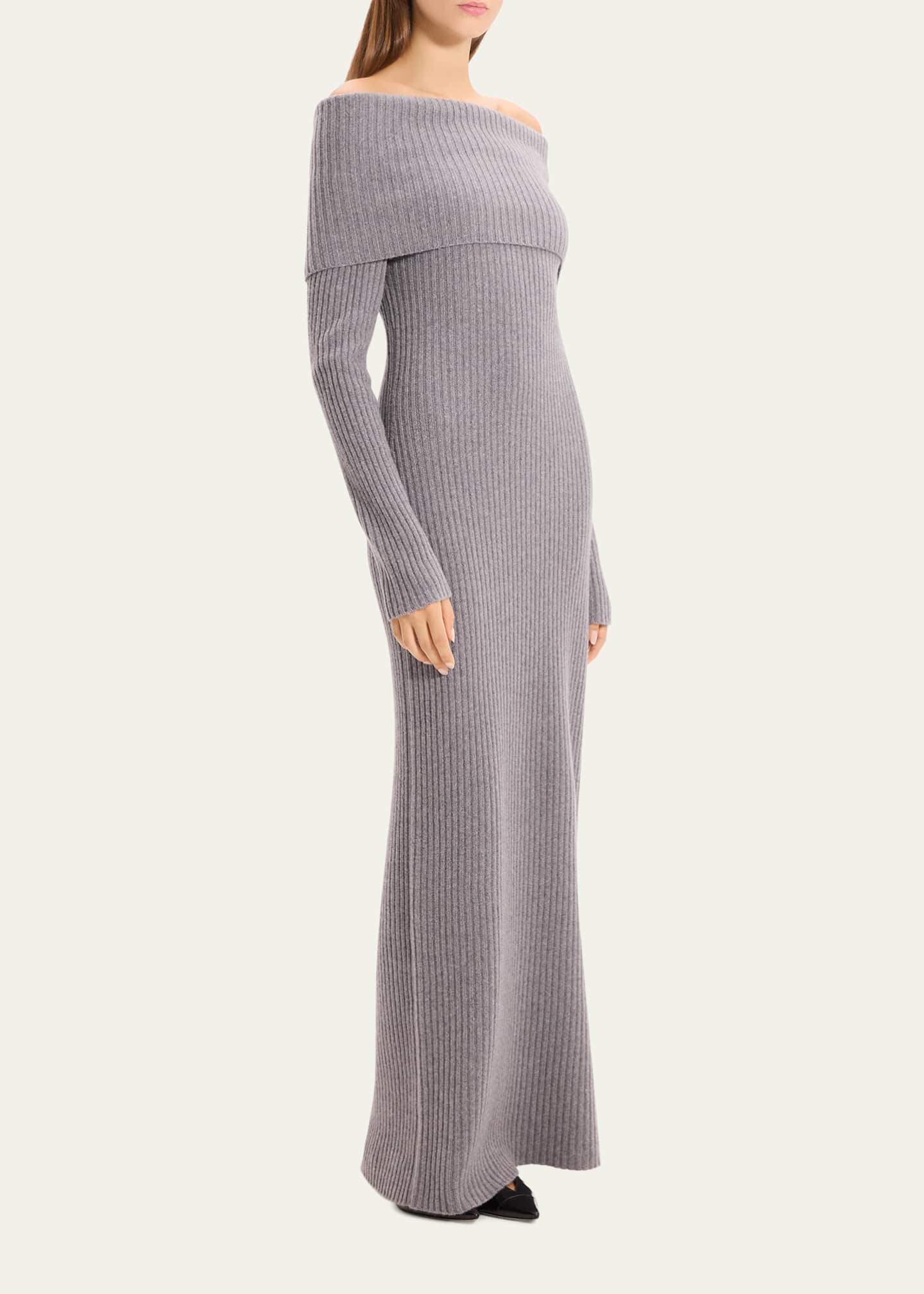 Theory Women's Off-The-Shoulder Ribbed Wool-Cashmere Maxi Dress - Grey Heather - Size Large