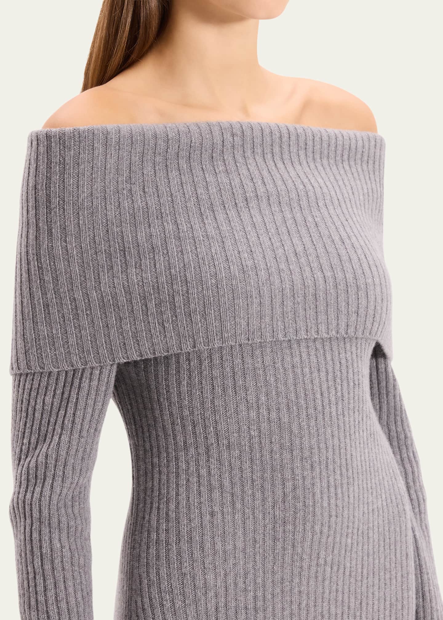 grey cashmere sweater dress Theory Women's Off-The-Shoulder Ribbed Wool-Cashmere Maxi Dress - Grey Heather