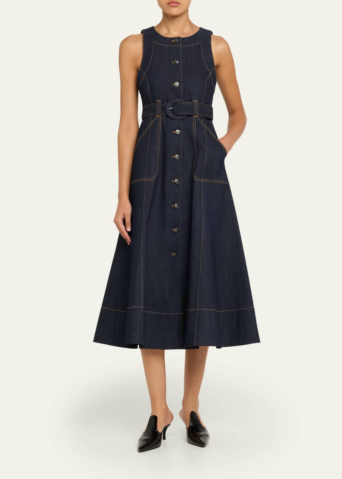 chinese dress ladies Denim Seamed Midi Dress in Medium Wash S main image 0