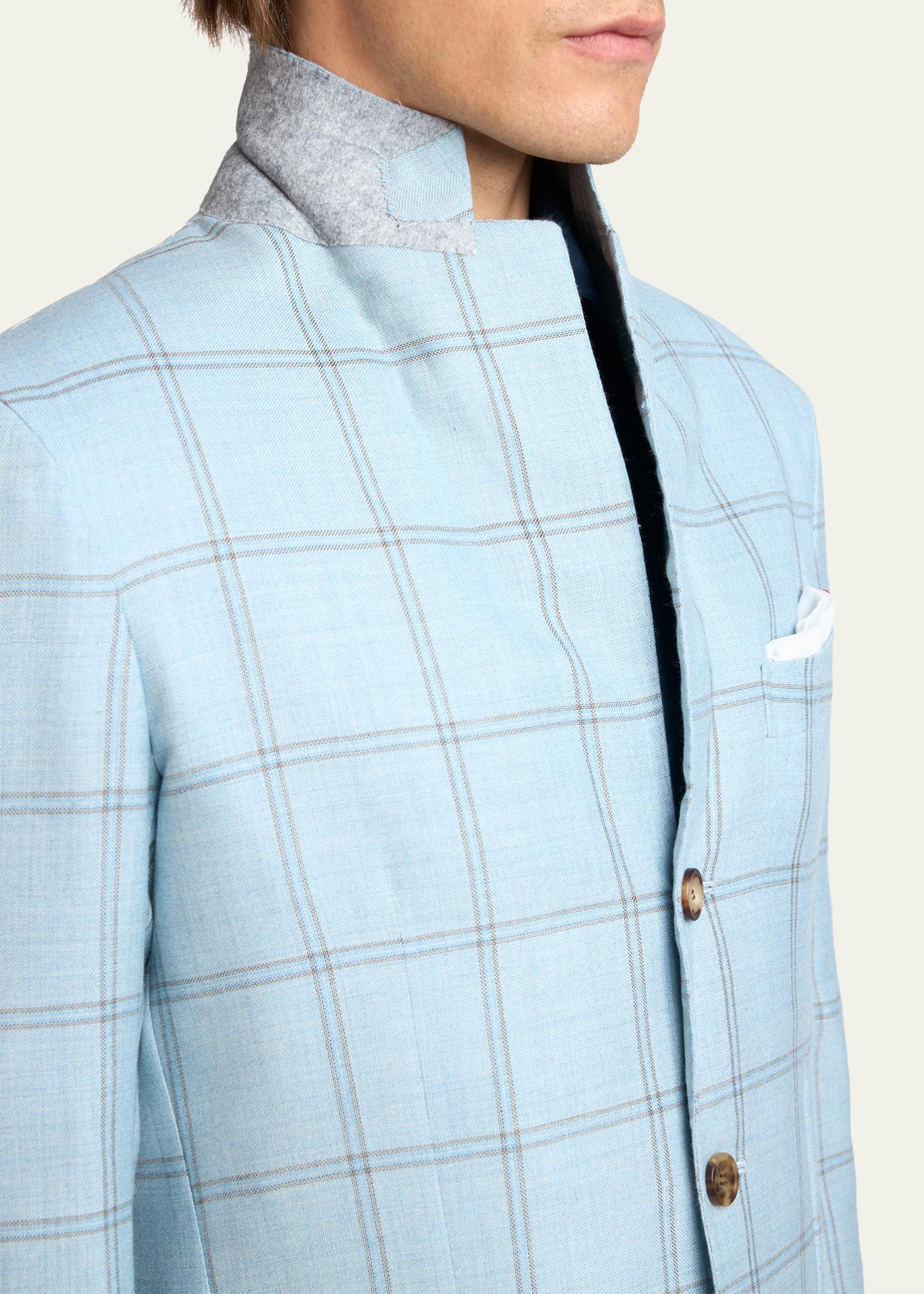 Kiton Men's Windowpane Check Cashmere and Linen Sport Coat