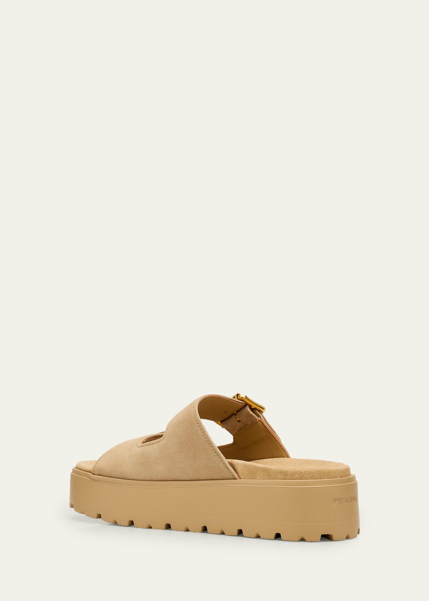 Prada Triangle Logo Suede Dual-Buckle Platform Sandals - Bergdorf 