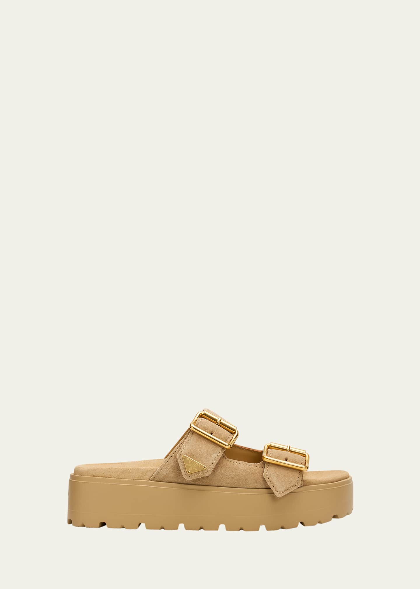 Prada Triangle Logo Suede Dual-Buckle Platform Sandals - Bergdorf