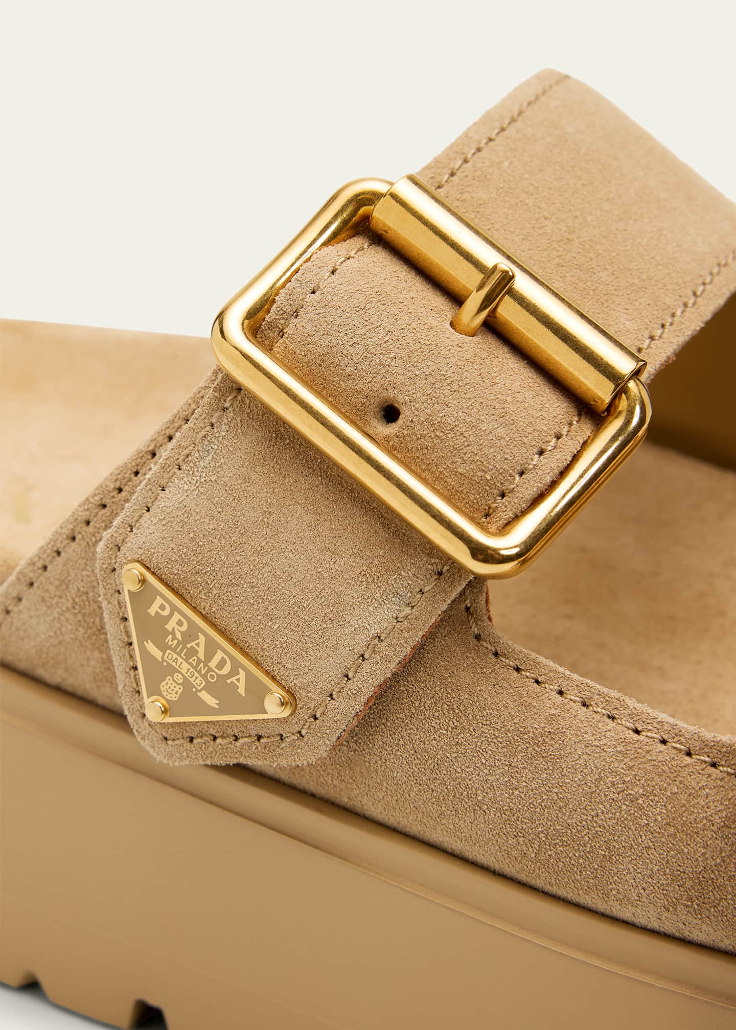 Prada Triangle Logo Suede Dual-Buckle Platform Sandals - Bergdorf