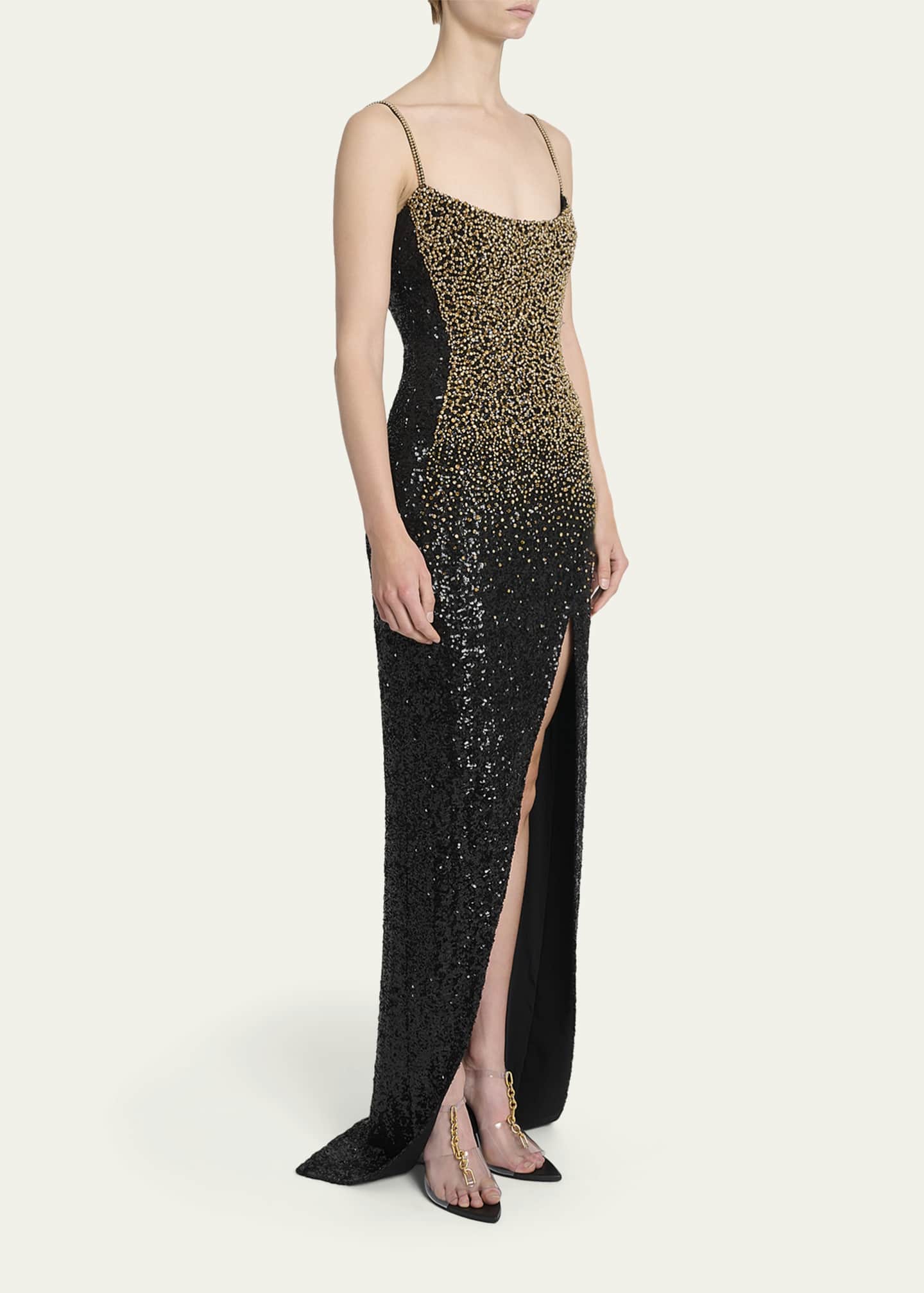 Balmain Dragrade Crystal Sequined Slit Gown, Noir, Women's, 4, Evening Formal Gala Gowns Mother of the Bride Groom Sequined Gowns