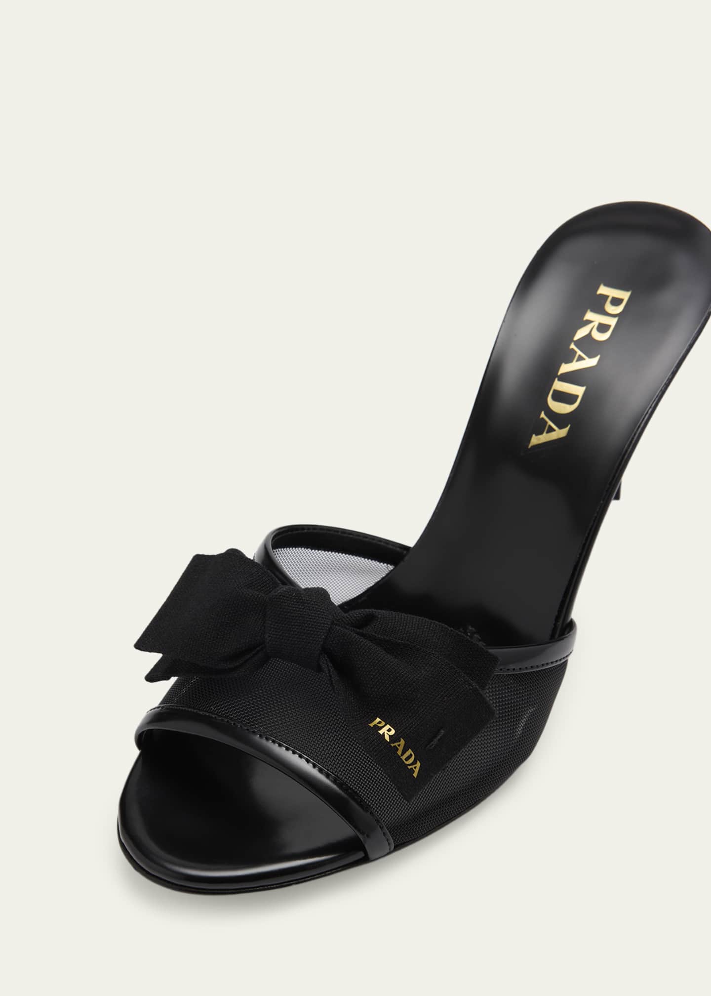 prada ミュール Prada 75mm Logo Bow Mesh Mule Sandals - Bergdorf Goodman