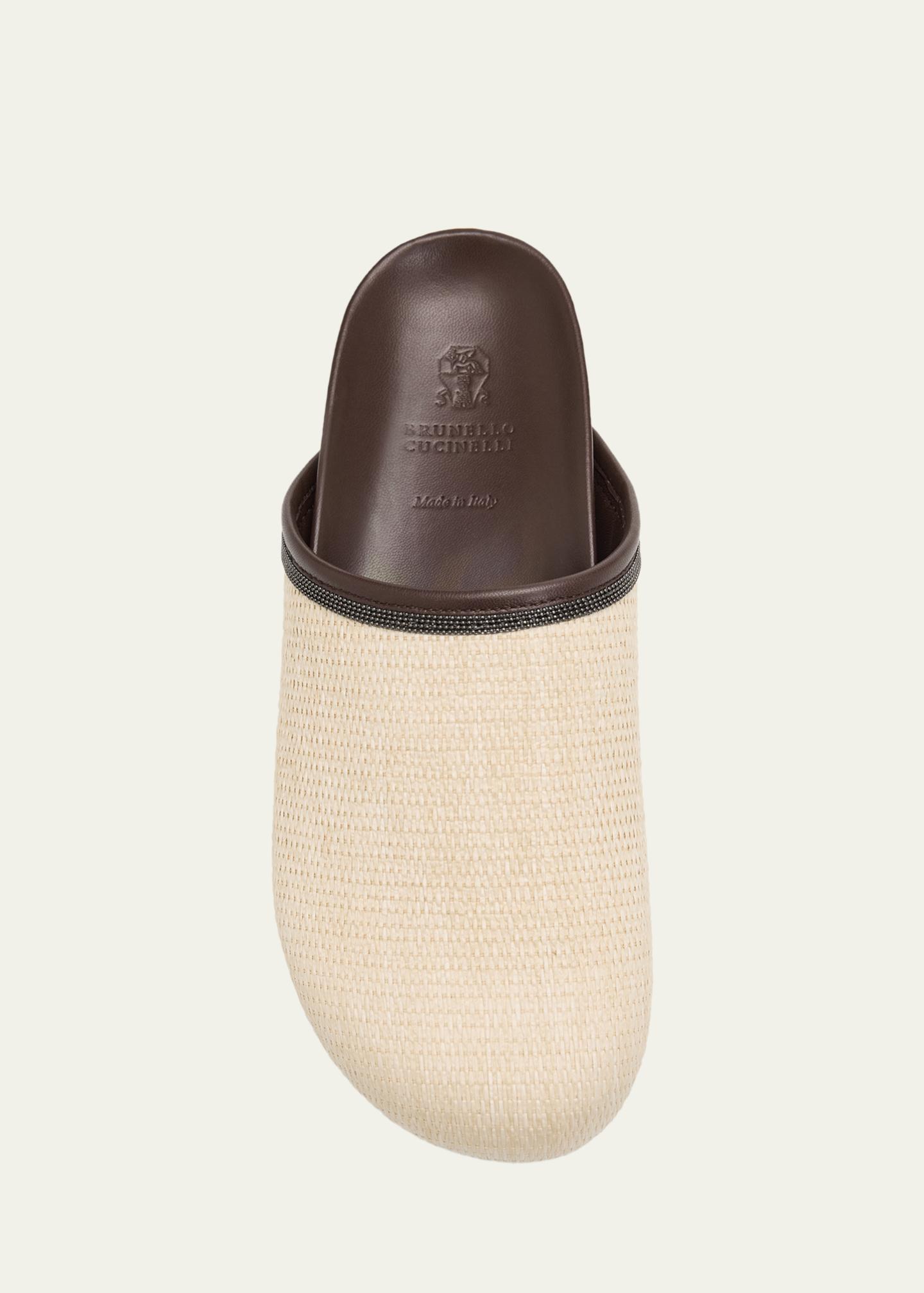 Brunello Cucinelli Monili Leather-Trimmed Raffia Mules - Bergdorf