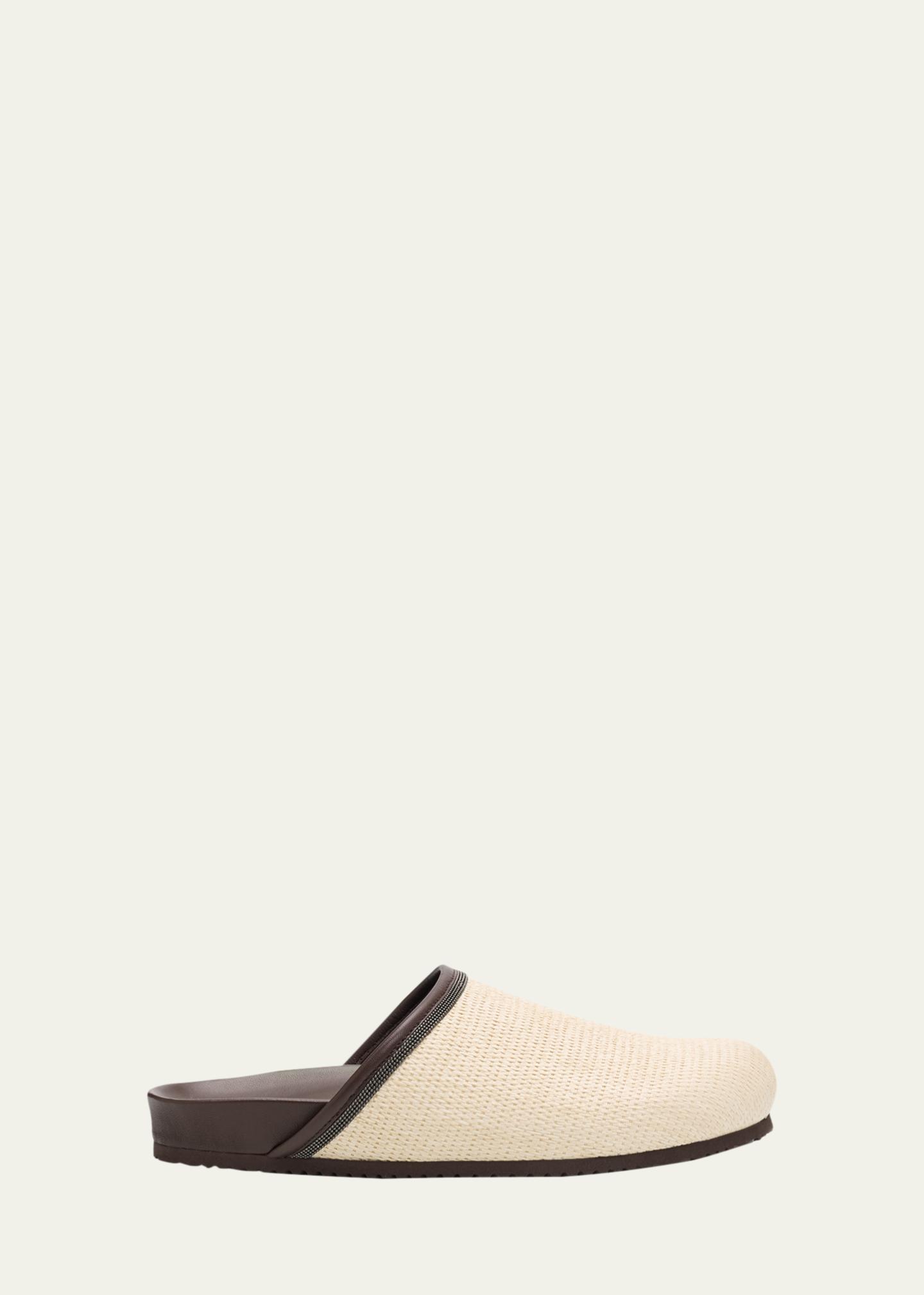 Brunello Cucinelli Monili Leather-Trimmed Raffia Mules  display picture 2