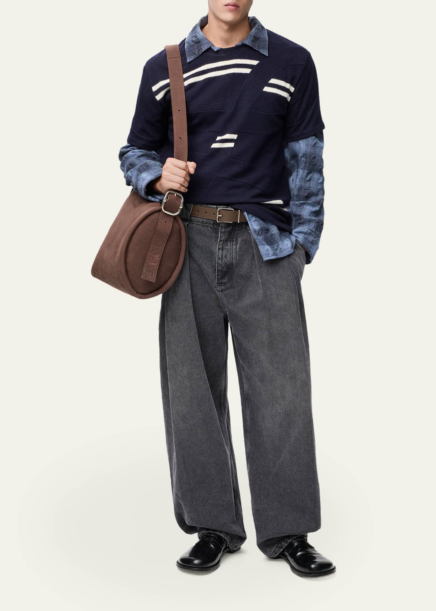 Loewe Men's Leather Label Baggy-Fit Pleated Jeans - Bergdorf Goodman