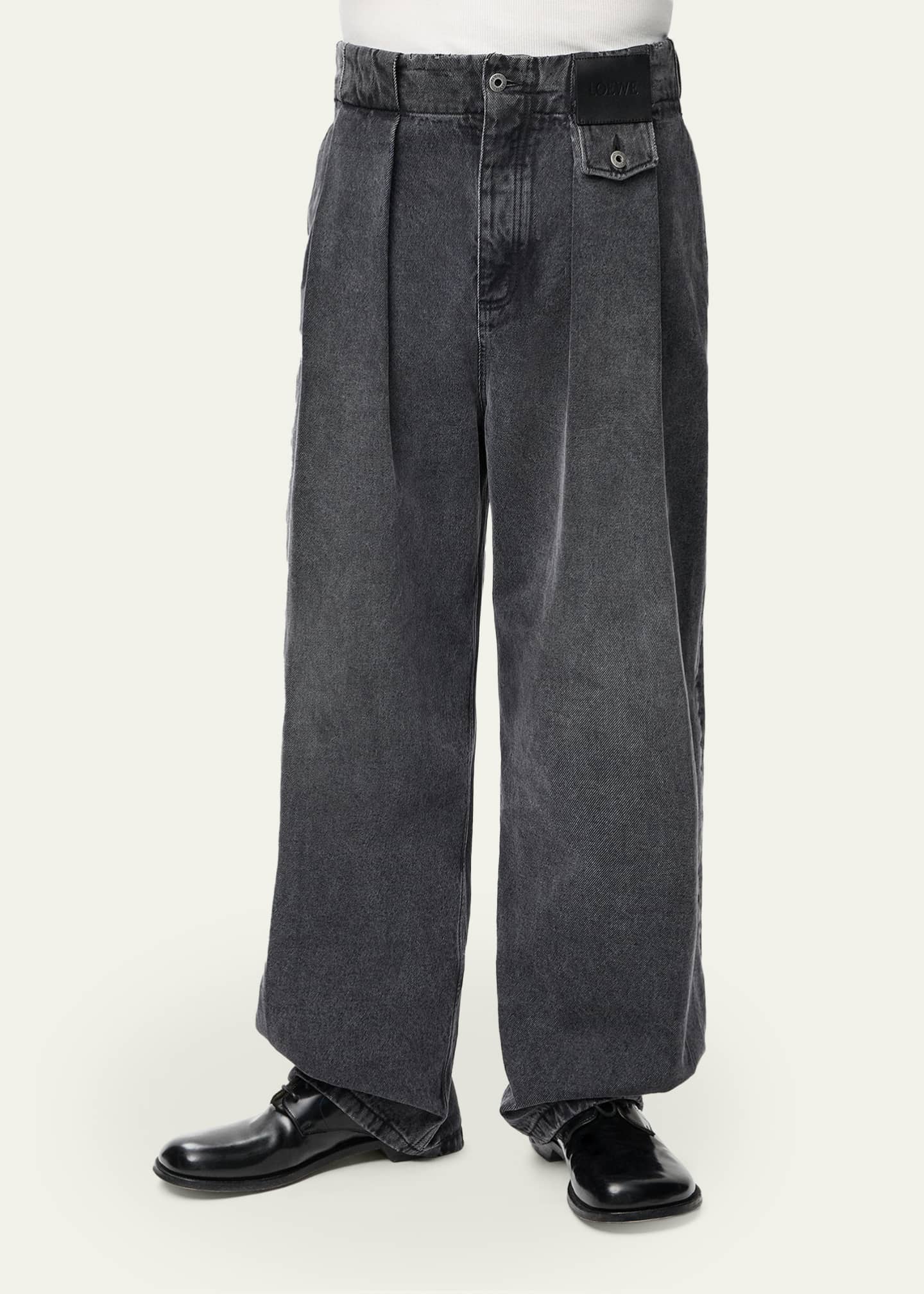 Loewe Men's Leather Label Baggy-Fit Pleated Jeans - Bergdorf Goodman