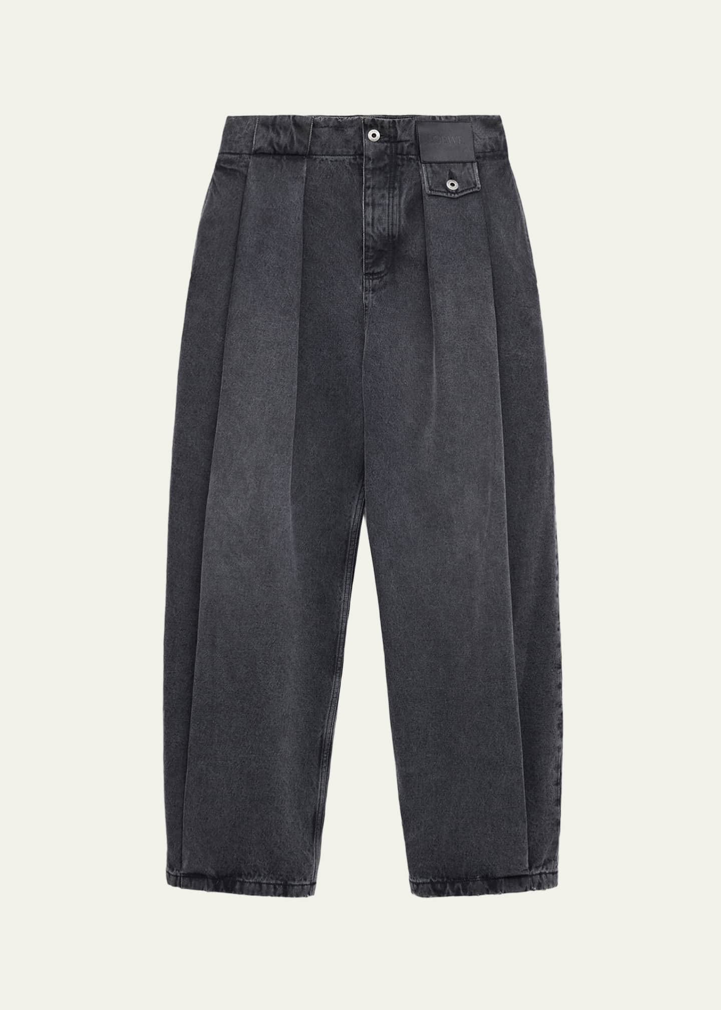 Loewe Men's Leather Label Baggy-Fit Pleated Jeans - Bergdorf Goodman