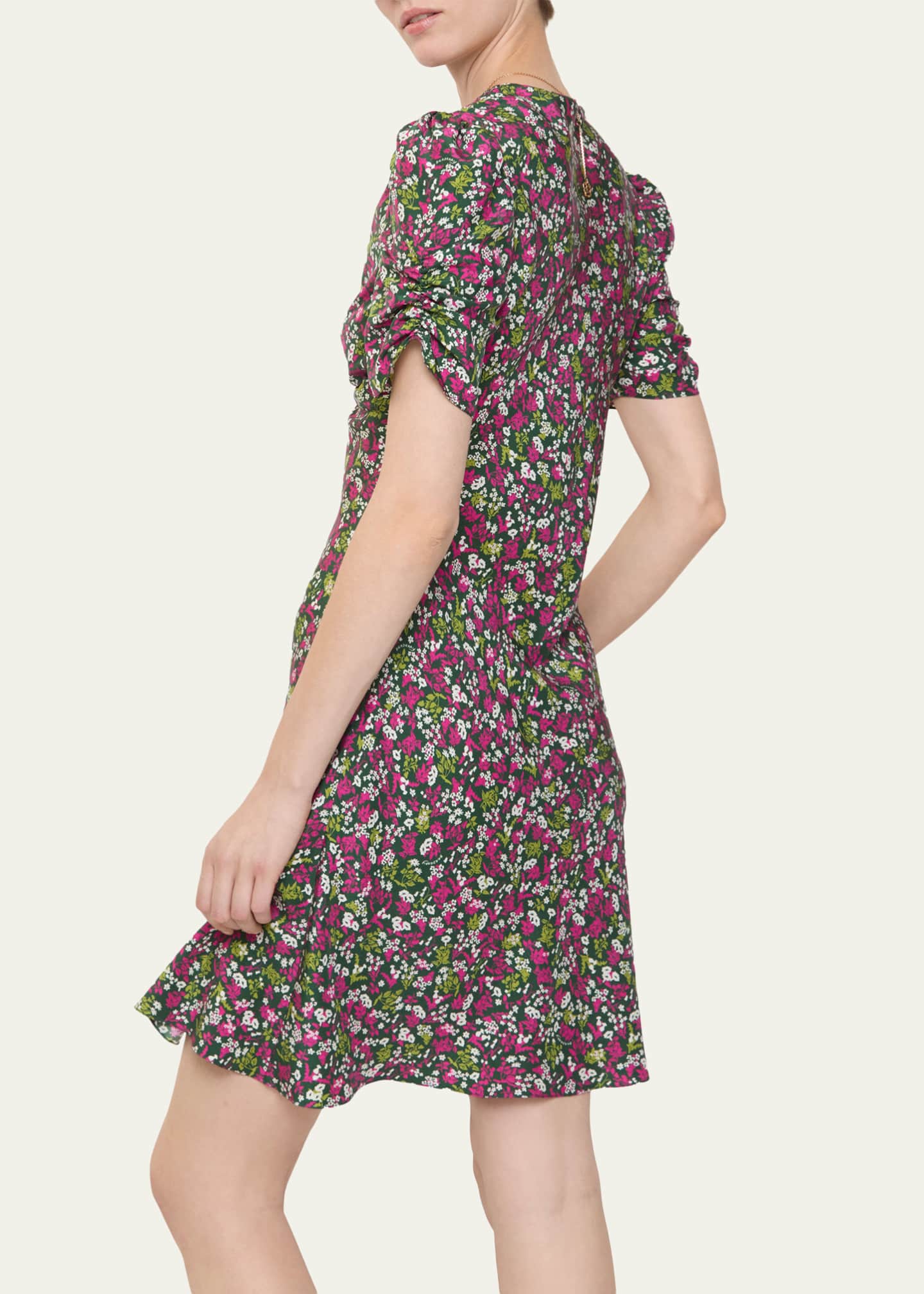 Burberry Jade Floral-Print Silk Ruched Short-Sleeve Mini Dress