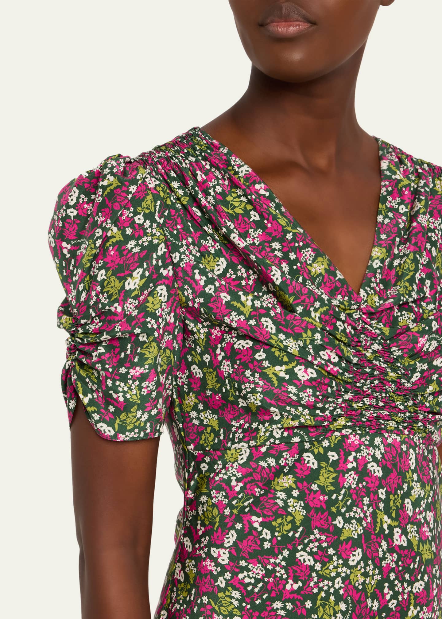 sachin and babi light blue dress Burberry Jade Floral-Print Silk Ruched Short-Sleeve Mini Dress