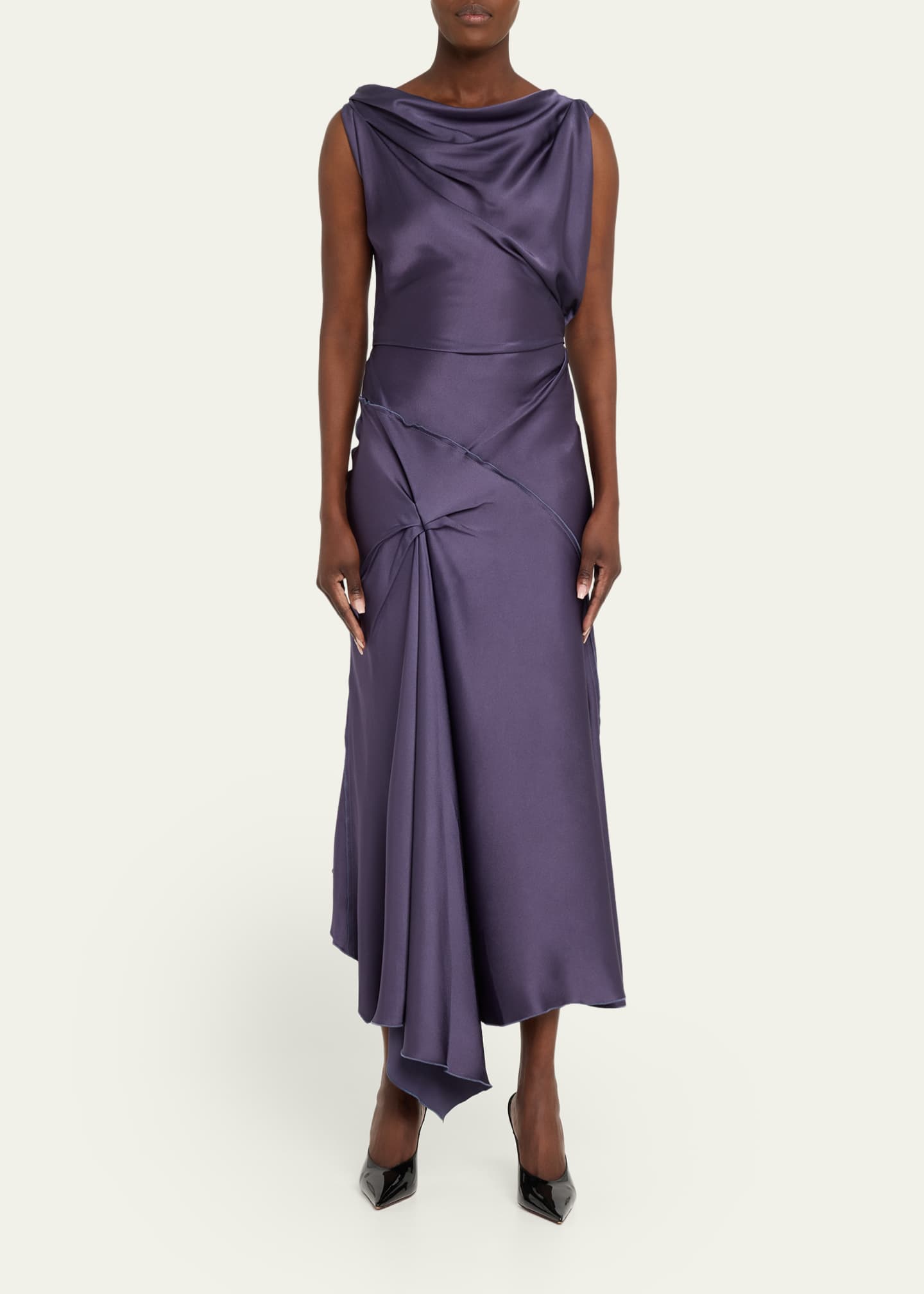 asymmetric silk dress Helessia Dark Plum Asymmetric-Neck Maxi Dress With Gathered-Detailin – Club  L London