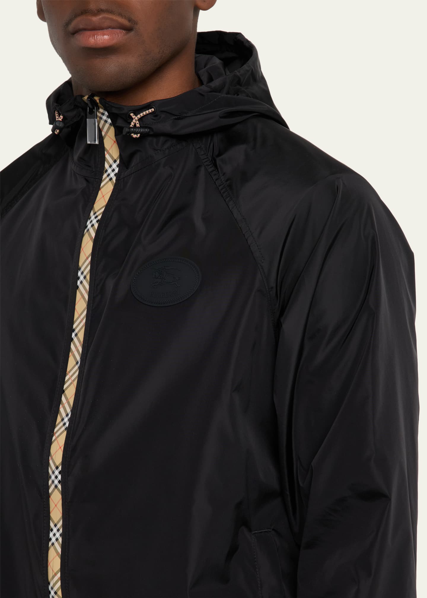 Burberry Men's Check-Tape Nylon Relaxed-Fit Hooded Jacket