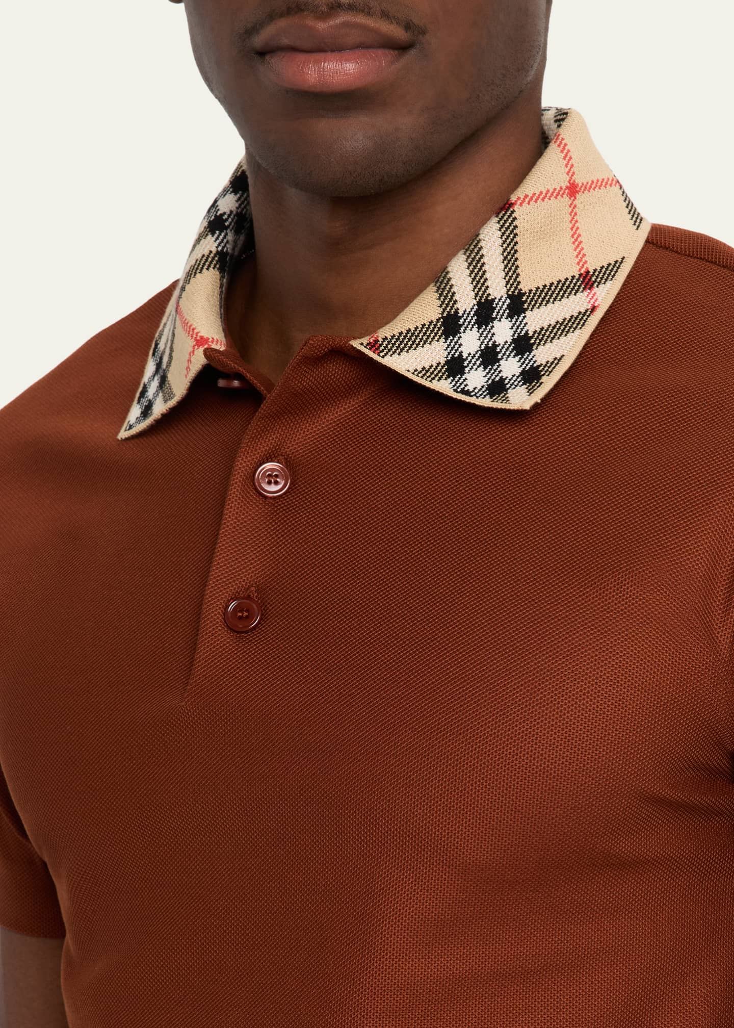 Burberry Check Collar Cotton Polo Men Shirt - Ginger Brown