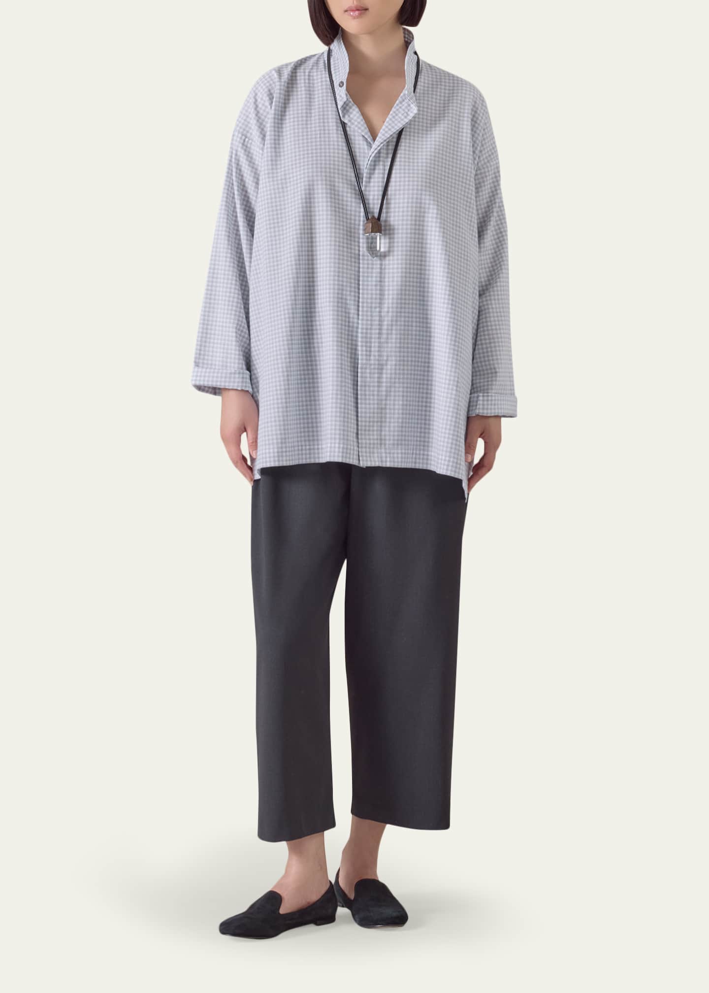 Eskandar Slim A-Line Shirt With Double Stand Collar And Stepped Insert (Long Length), Natural Sky, Women's, 2, Shirts Tops Blouses Button Down Shirts