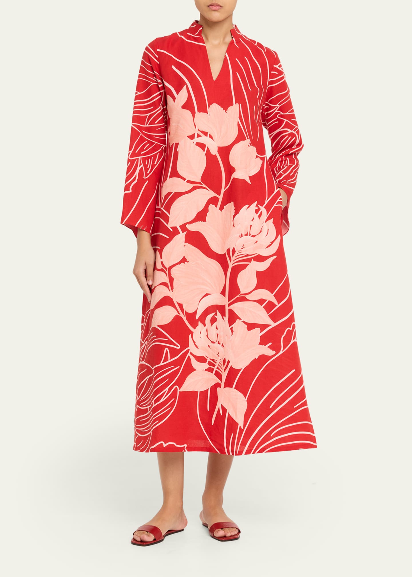 Verandah Women's Pushpanjali Wild Tulip Linen-Cotton Tunic Dress - Blush And Red Mono Wild Tulip - Size Large
