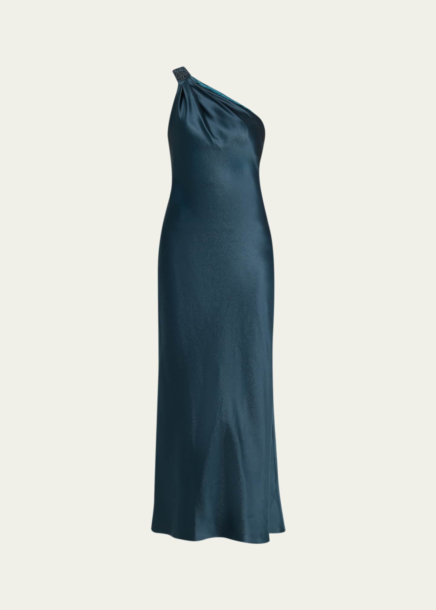armani satin dress Giorgio Armani Women's Draped Satin Sheath Midi Dress - Antarctica