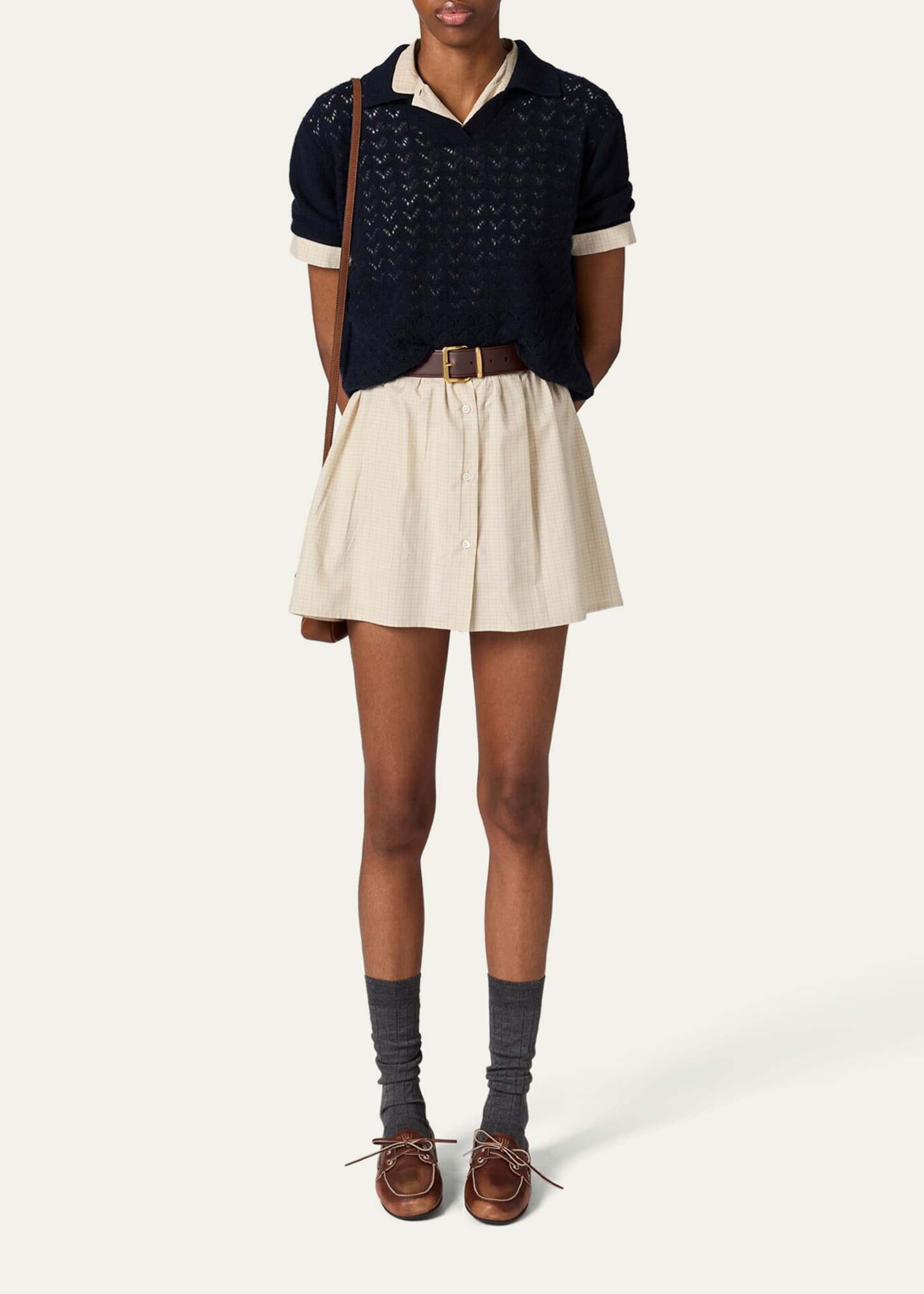 Miu Miu Pointelle Cashmere Knit Short-Sleeve Polo Sweater