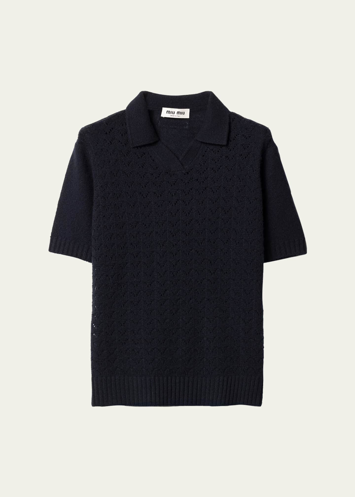 Miu Miu Pointelle Cashmere Knit Short-Sleeve Polo Sweater