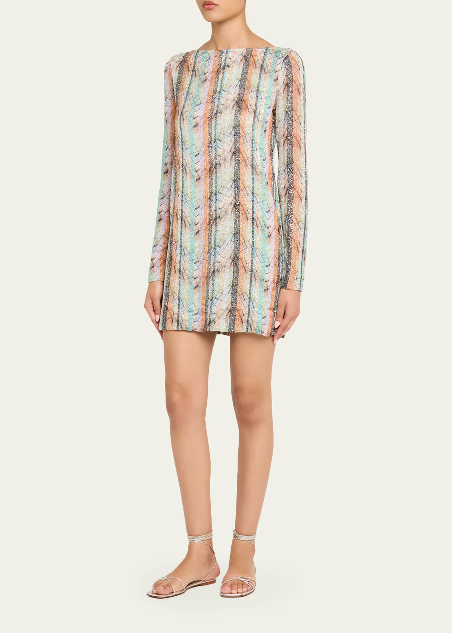 missoni long sleeve mini dress Missoni Paillette Striped Long-Sleeve Mini Dress, Sm9woblue Green, Women's, 38 IT (2 US), Cocktail & Party Wedding Guest Dresses Long-Sleeve Dresses