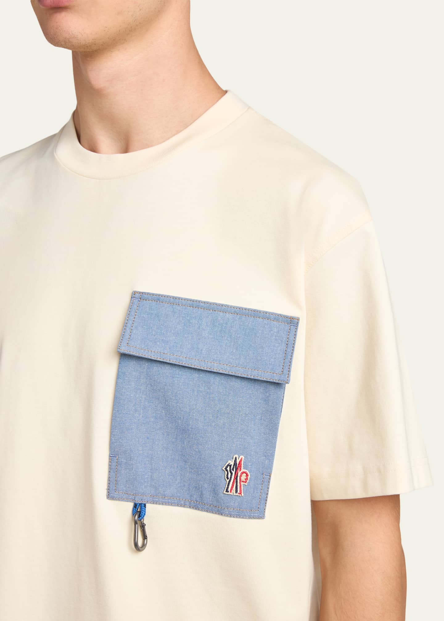 Moncler Grenoble Men's Denim Pocket Cotton T-Shirt with Clip