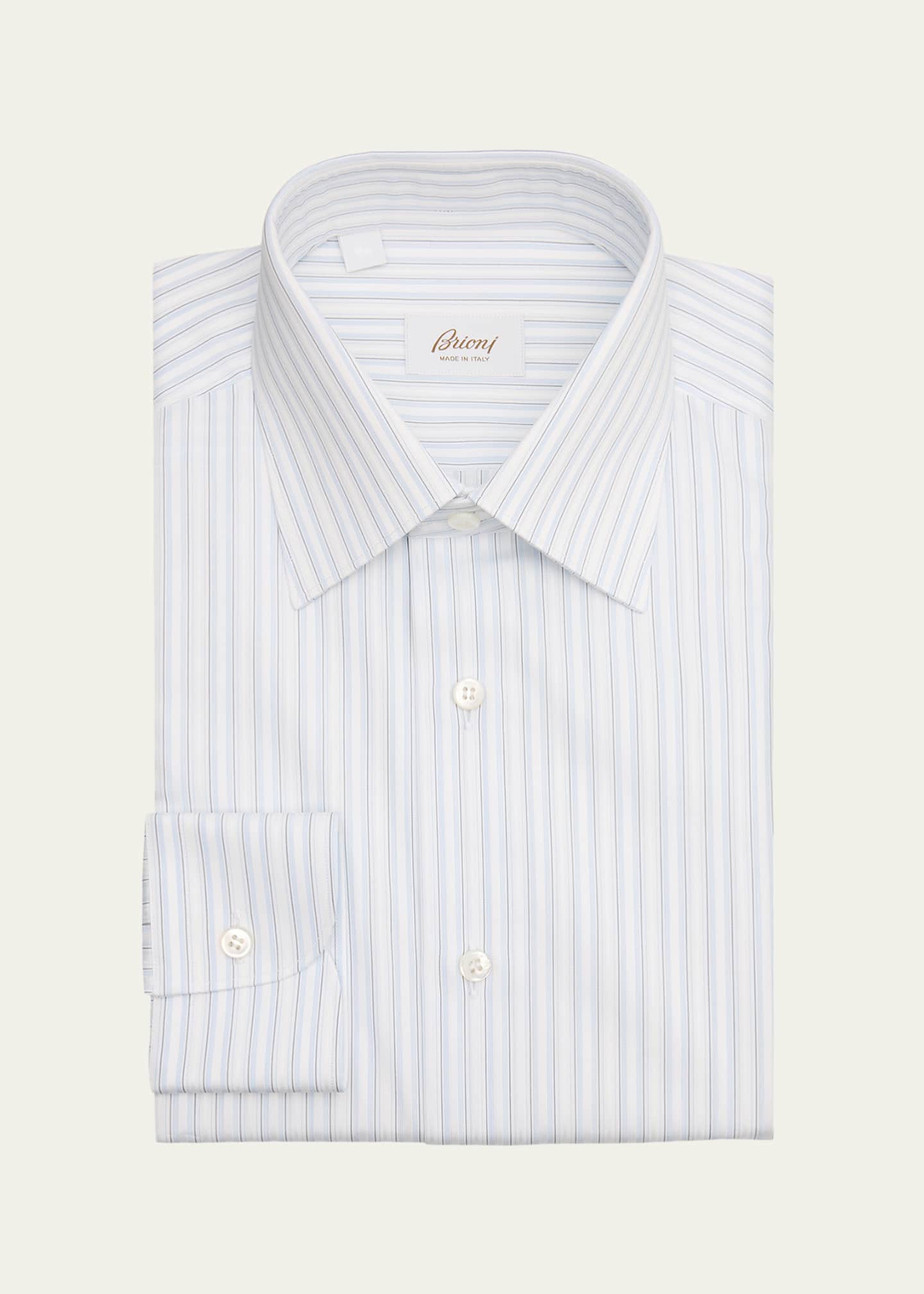 brioni dress shirt Wardrobe Essential Solid Shirt, White, Men's, 18.5 grid check pattern for a sleek and sophisticated finish Brioni Men's White/Blue Striped French