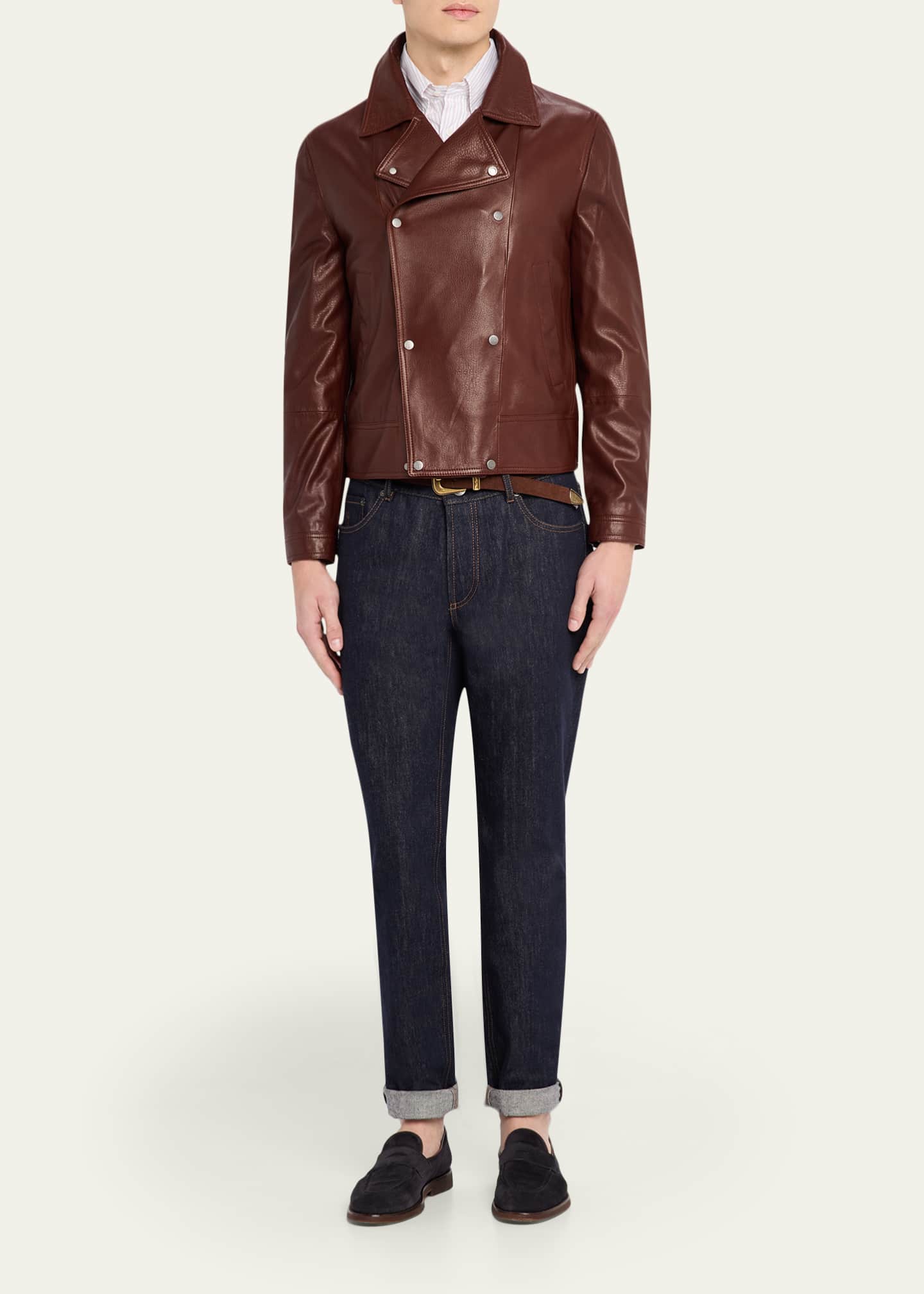 Brunello Cucinelli Men's Double-Breasted Grained Leather Jacket