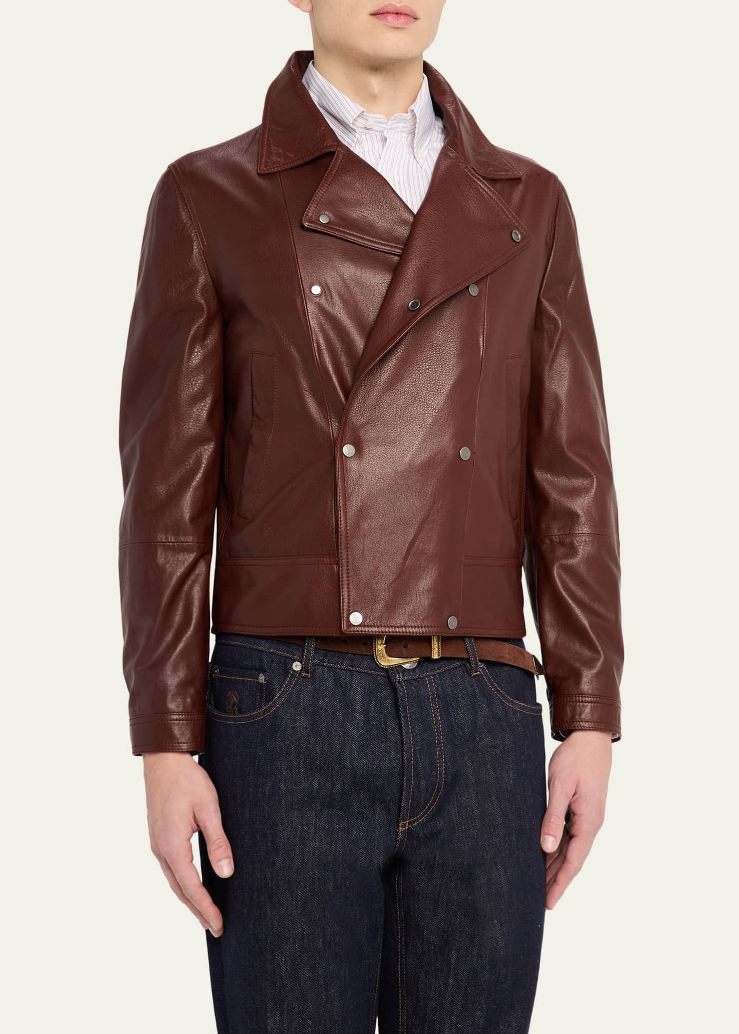 Brunello Cucinelli Men's Double-Breasted Grained Leather Jacket