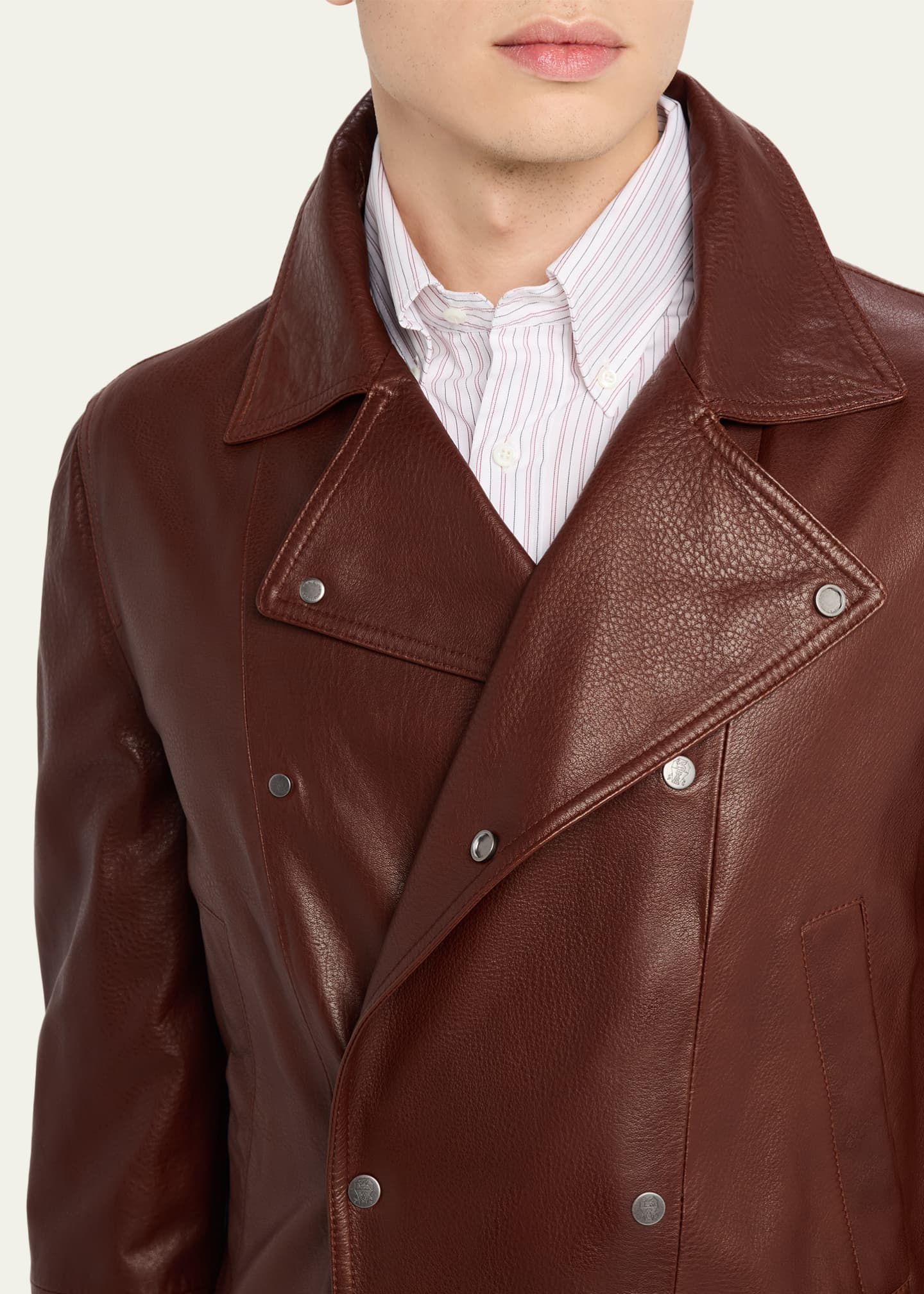 Brunello Cucinelli Men's Double-Breasted Grained Leather Jacket