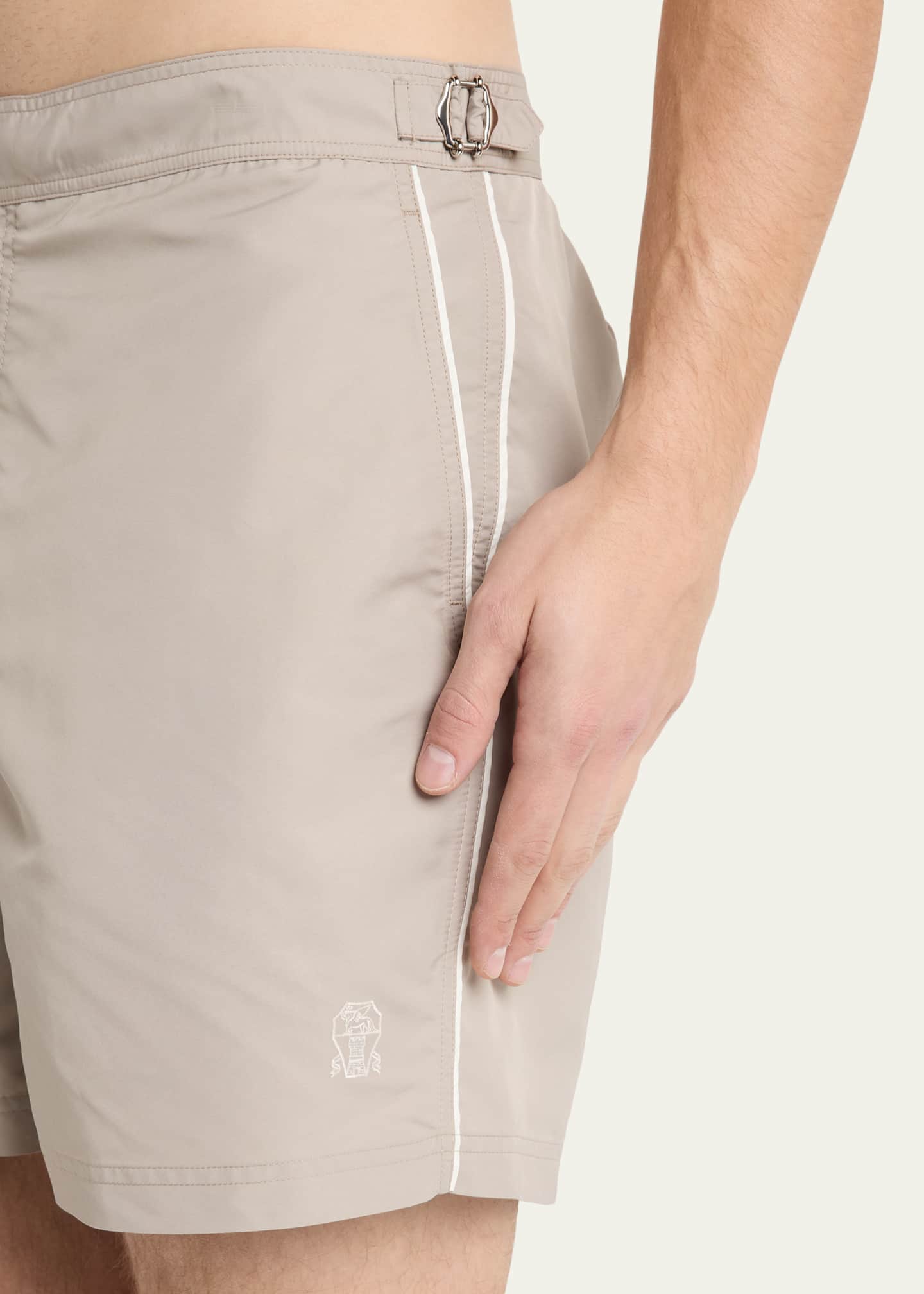 Brunello Cucinelli Men's Tabbed-Waistband Nylon Swim Shorts with