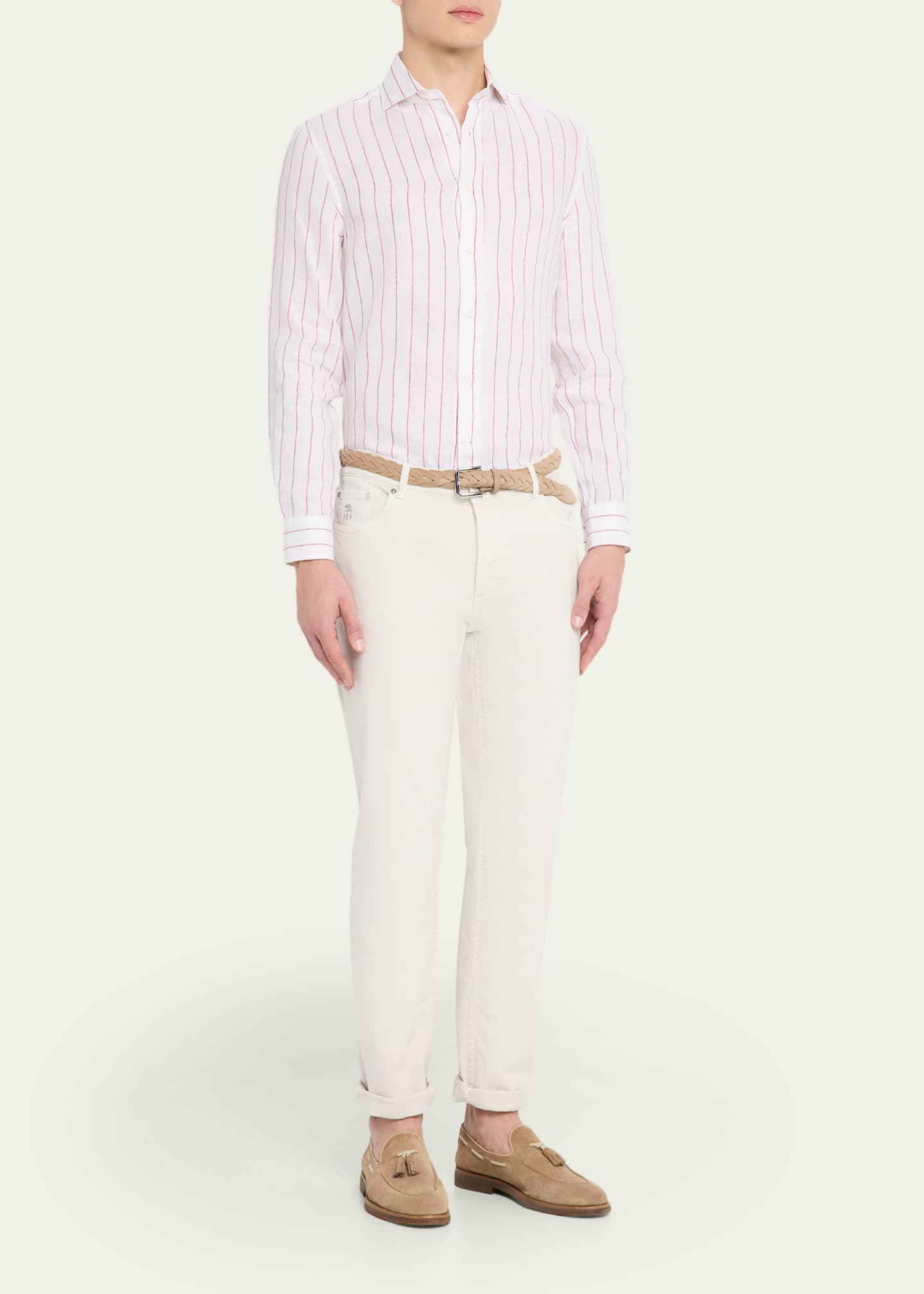 Brunello Cucinelli Men's Linen Pinstripe Spread Collar Button-Down