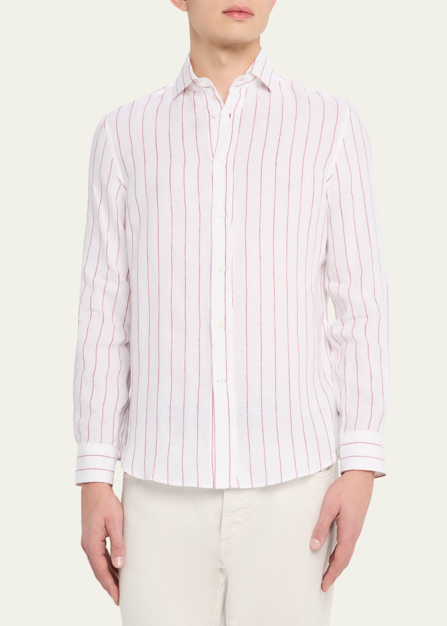 Brunello Cucinelli Men's Linen Pinstripe Spread Collar Button-Down