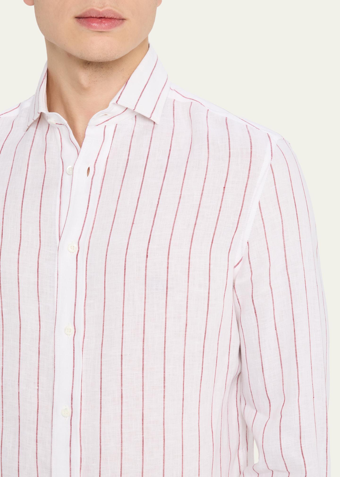 Brunello Cucinelli リネン混ストライプ 長袖シャツ Brunello Cucinelli Men's Linen Pinstripe Spread Collar Button-Down