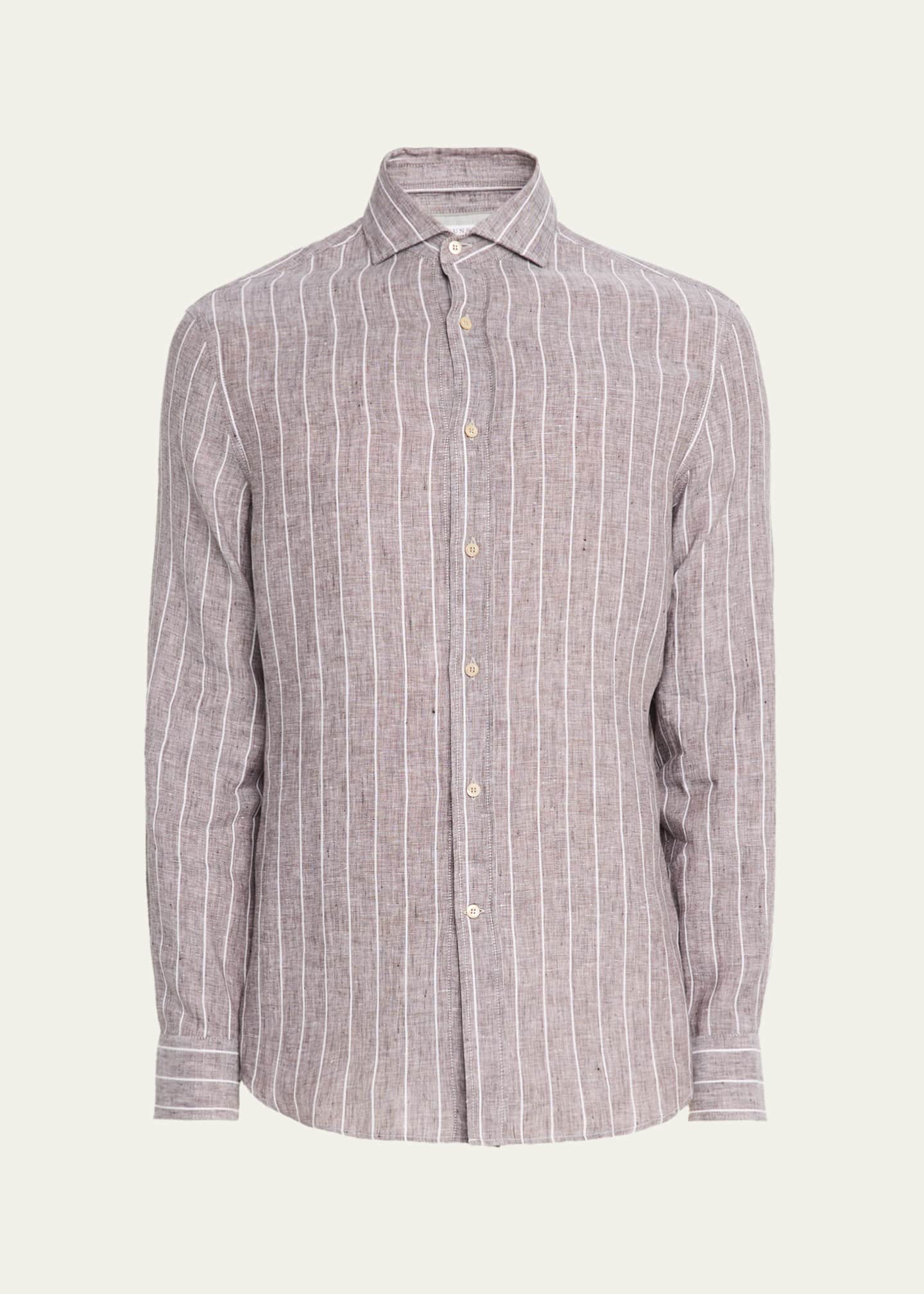 brunello cucinelli dress shirts Brunello Cucinelli Men's Cotton Stripe Sport Shirt, White/Blue, Men's, Medium, Shirts Tops Casual Button Down Sport Shirts