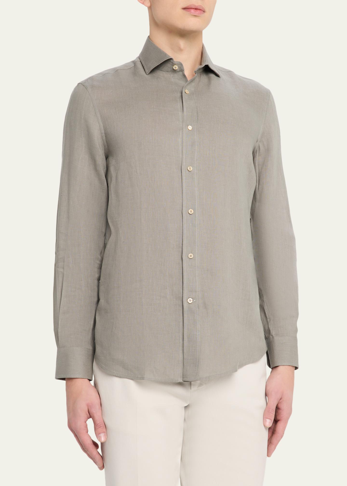 Brunello Cucinelli Men's Linen and Cotton Band Collar Button-Down Shirt ...