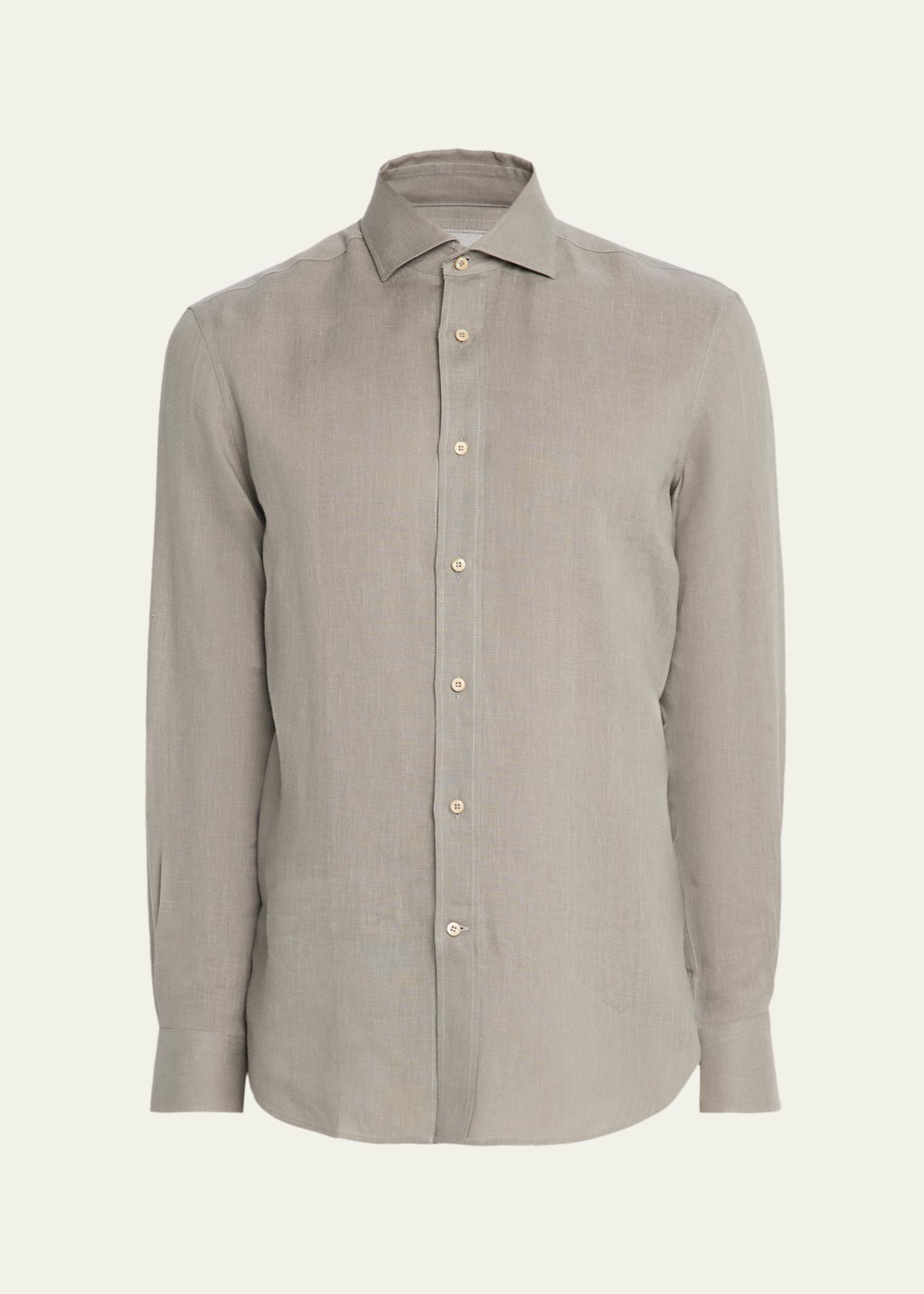 Brunello Cucinelli Men's Linen and Cotton Band Collar Button-Down Shirt ...