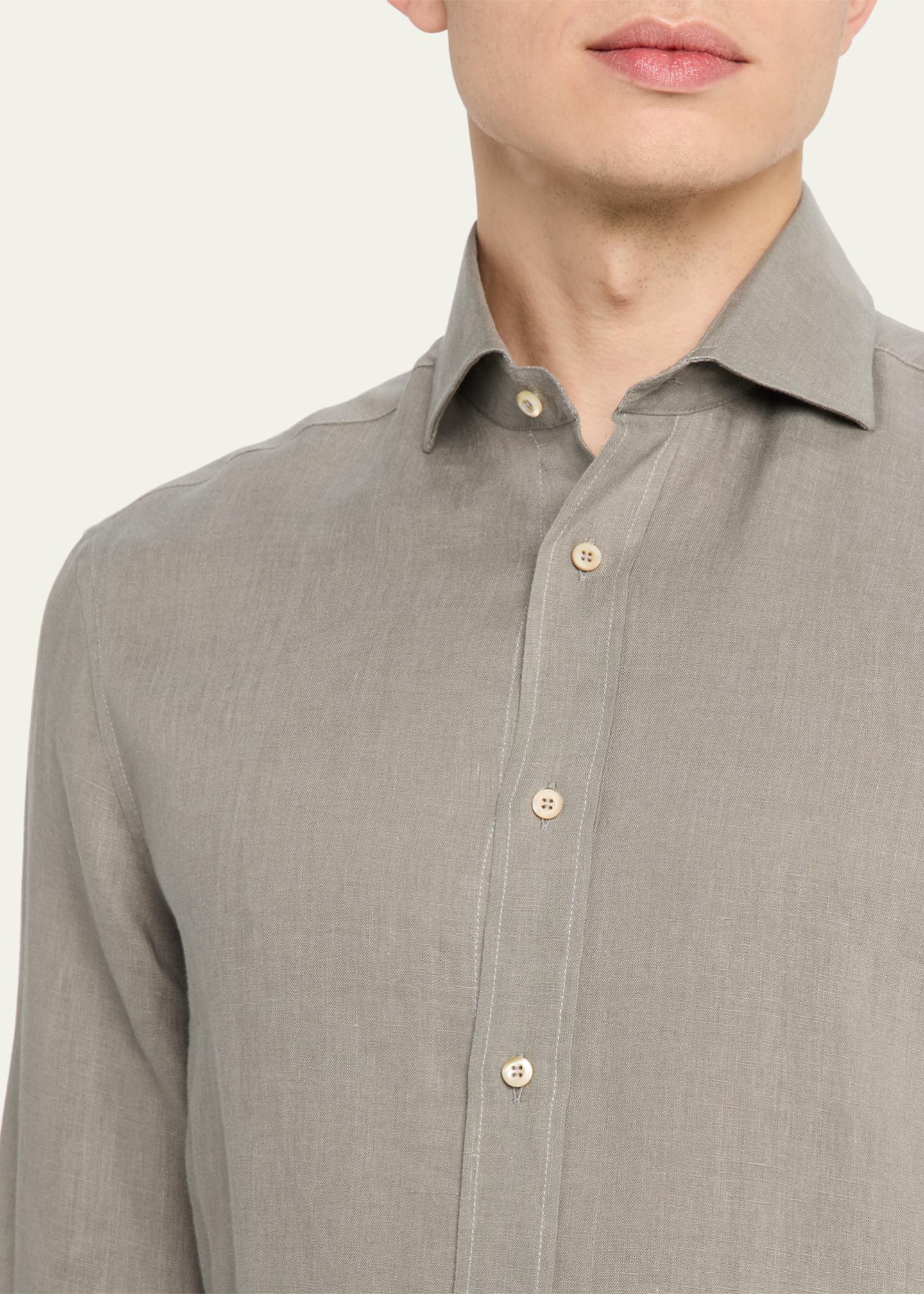 Brunello Cucinelli Men's Linen and Cotton Band Collar Button-Down Shirt ...