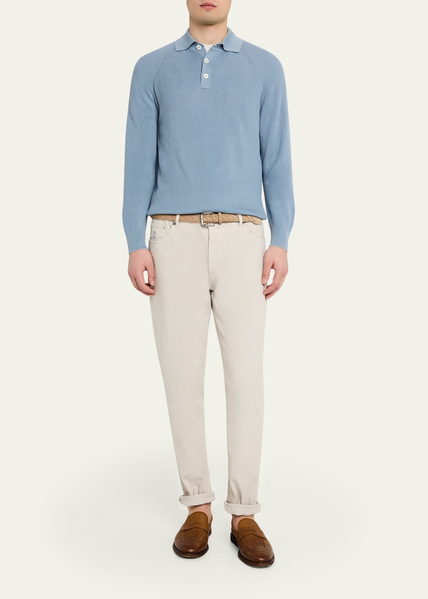 Brunello Cucinelli Men's Cotton English Rib Knit Polo Sweater