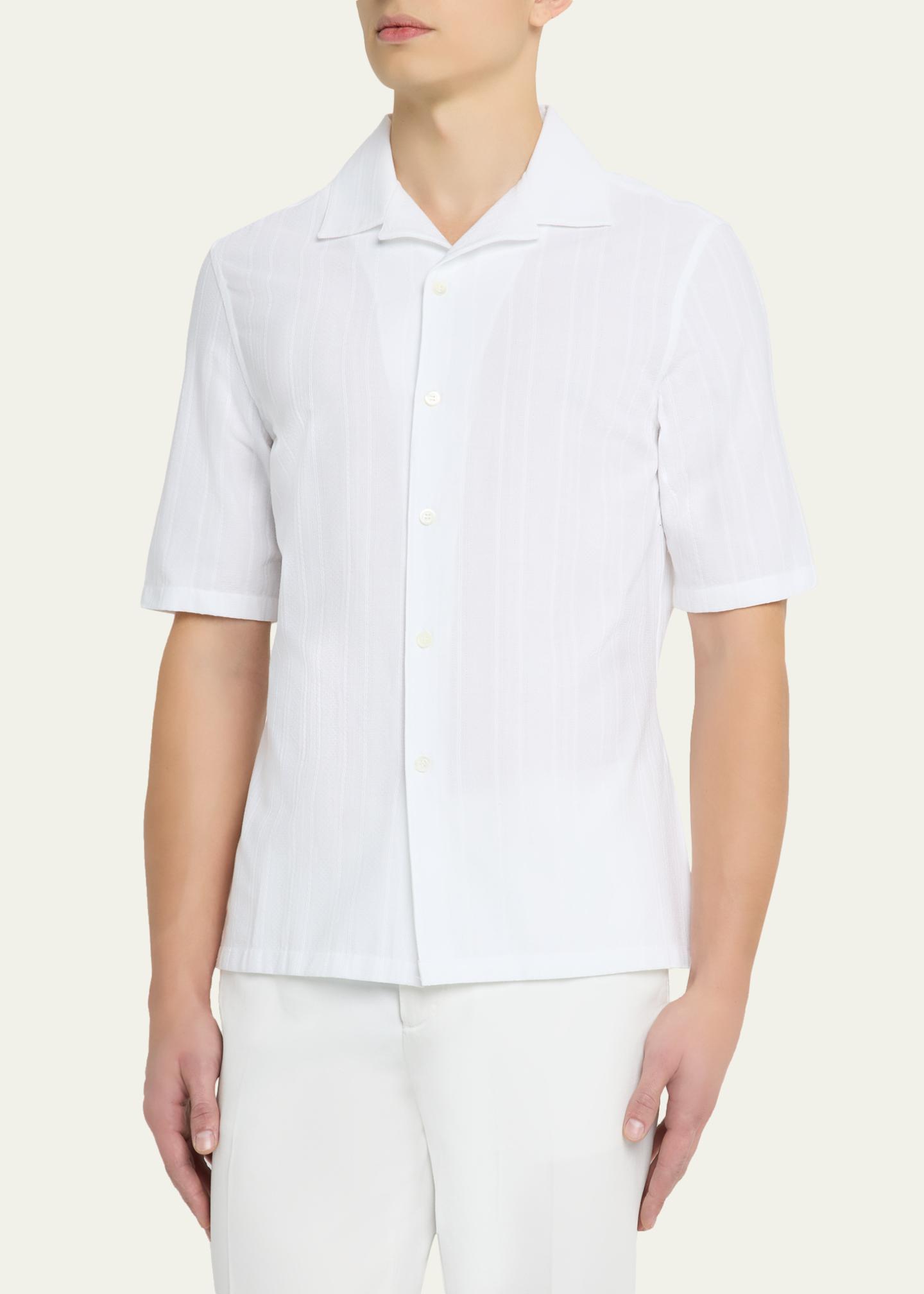 BRUNELLO CUCINELLI 半袖シャツ ホワイト XS Brunello Cucinelli Men's Linen Stripe Short-Sleeve Shirt